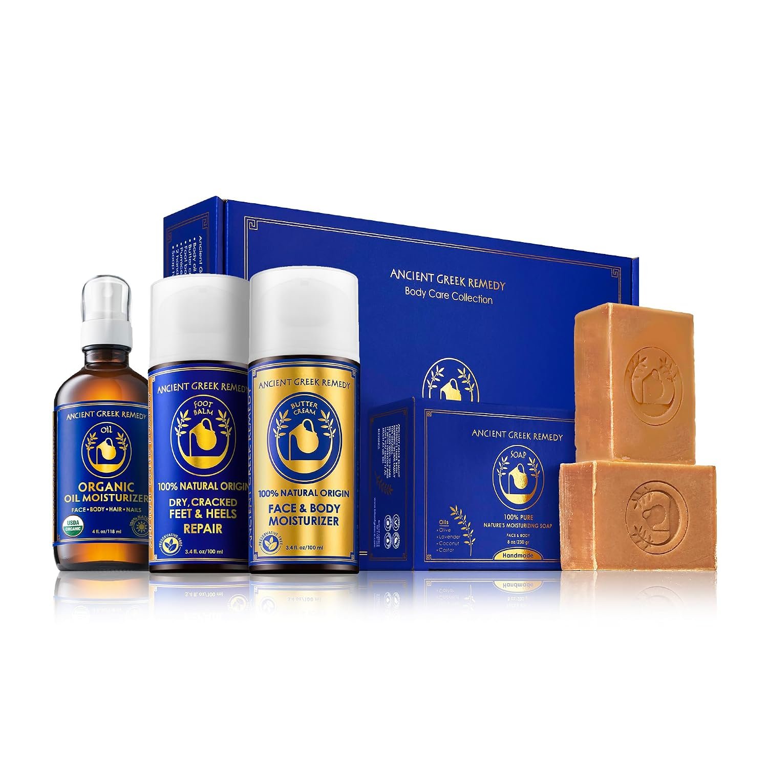 Ancient Greek Remedy Organic Spa Gift Set – Body Oil, Face Moisturizer, Foot Balm & 2 Soap Bars – Lavender Scented Skin Care Gift Basket for Women – Perfect for Christmas, Birthdays & Self Care