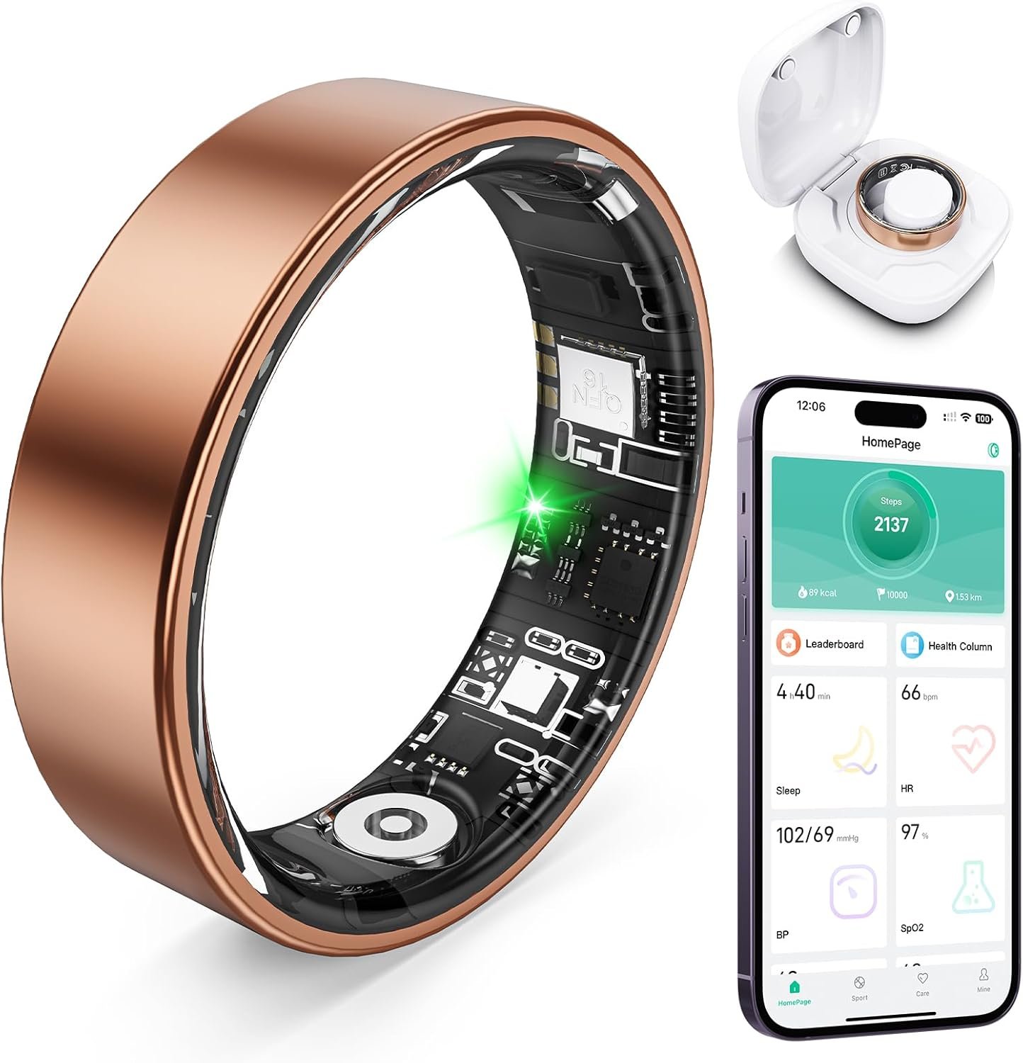 Smart Ring with Sleep Monitoring, Step Counting, Heart Rate for iPhone and Android, No Subscription Fee, IP68 Waterproof Health Tracker (Blue, 8) (Rose Gold, 8)