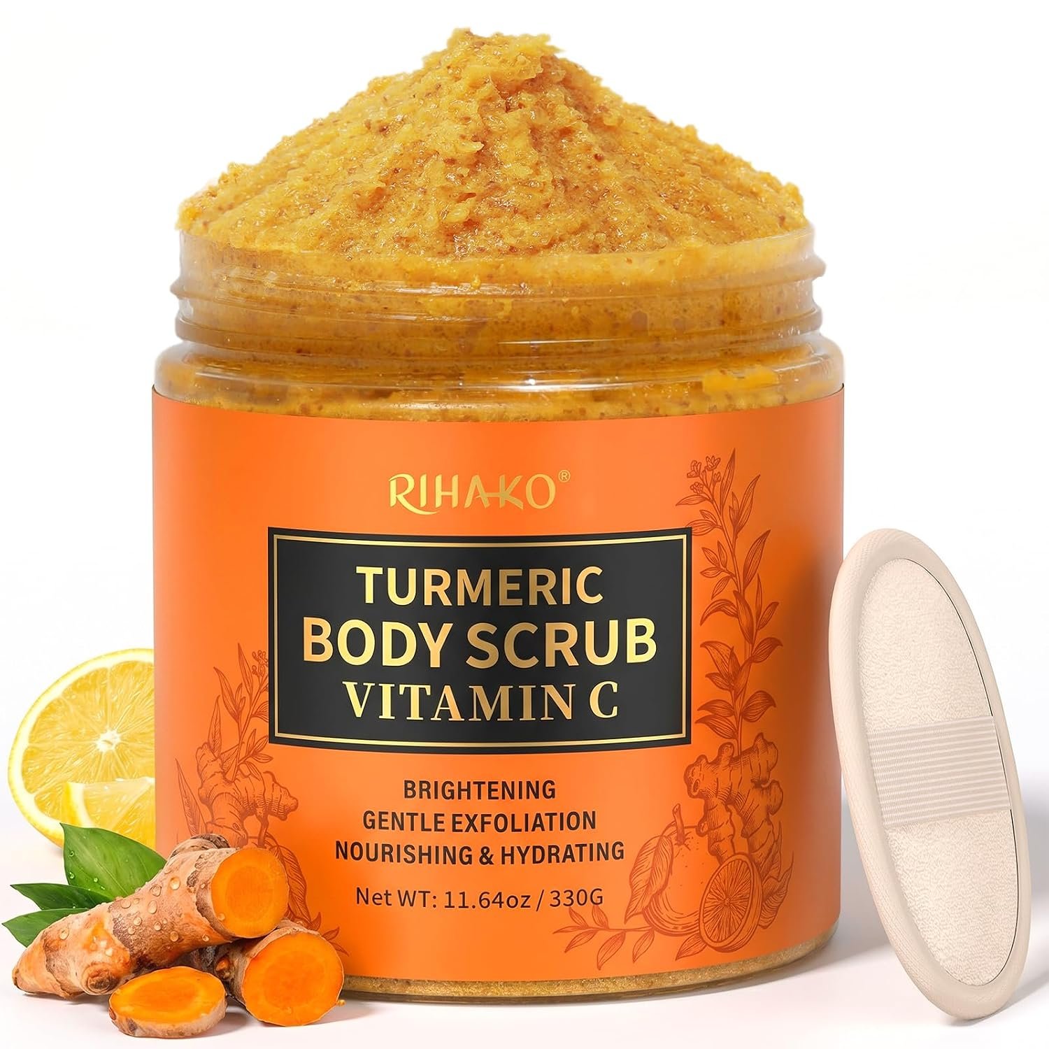 RIHAKO Turmeric Body Scrub, Exfoliating Body Scrub with Vitamin C, Deep Cleansing Skin Exfoliator Scrub, Organic Moisturizing Skincare for Bikini Area, Body, Hands, and Foot 11.64 oz
