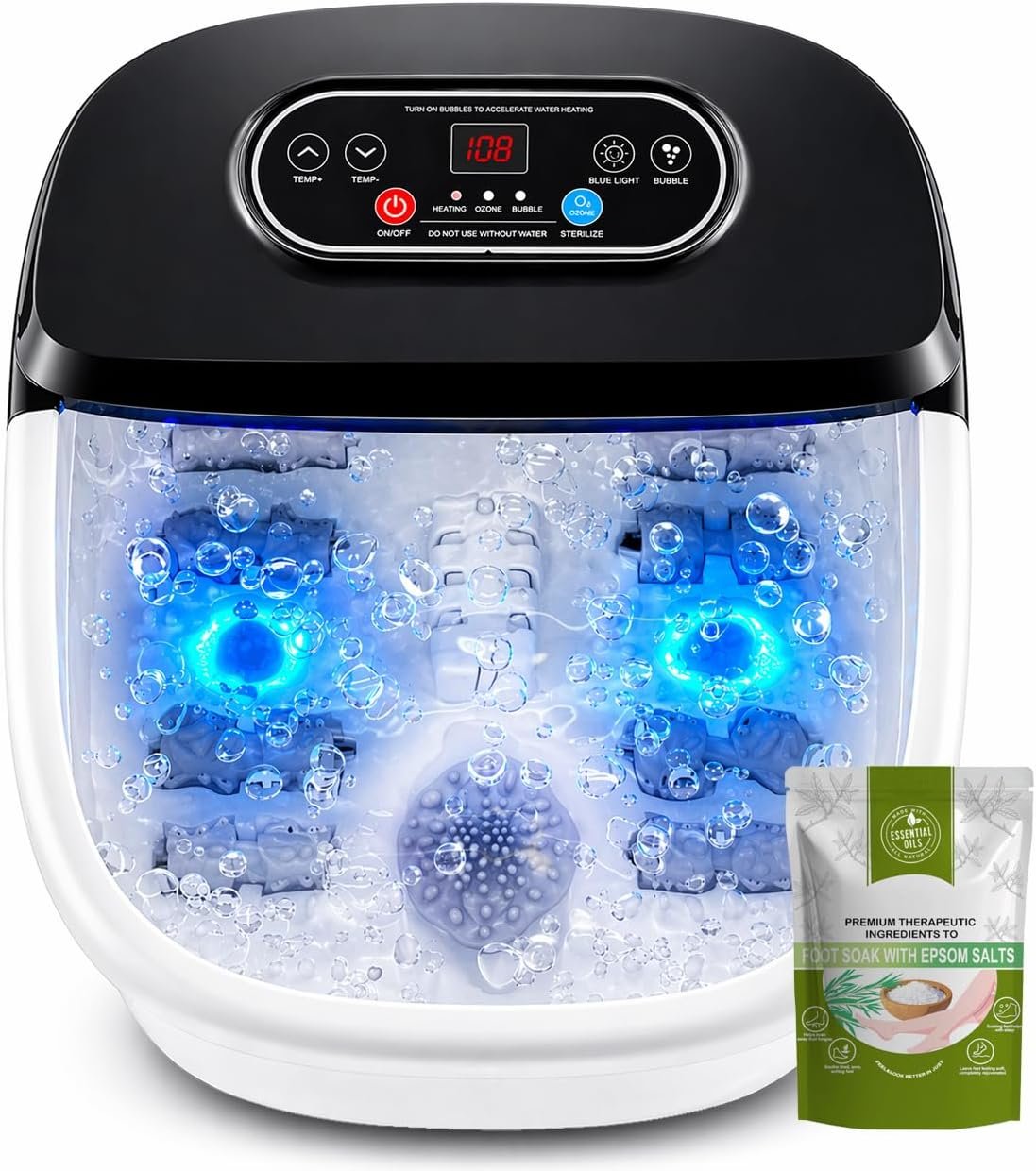 RIGHTMELL Foot Spa with Ozone & Blue Light, Bubble Massage & 8 Rollers, Adjustable Constant Temperature (95℉-118℉), Large Capacity Foot Massager with Epsom Salt for Home & Office Relaxation
