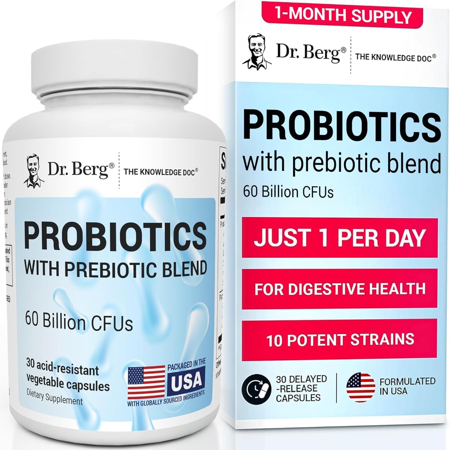 Dr. Berg Probiotic Supplement (60 Billion CFUs) – Helps Ease Occasional Constipation, Diarrhea, Gas & Bloating* – Pre and Probiotics for Digestive Health – 30 Probiotic Capsules