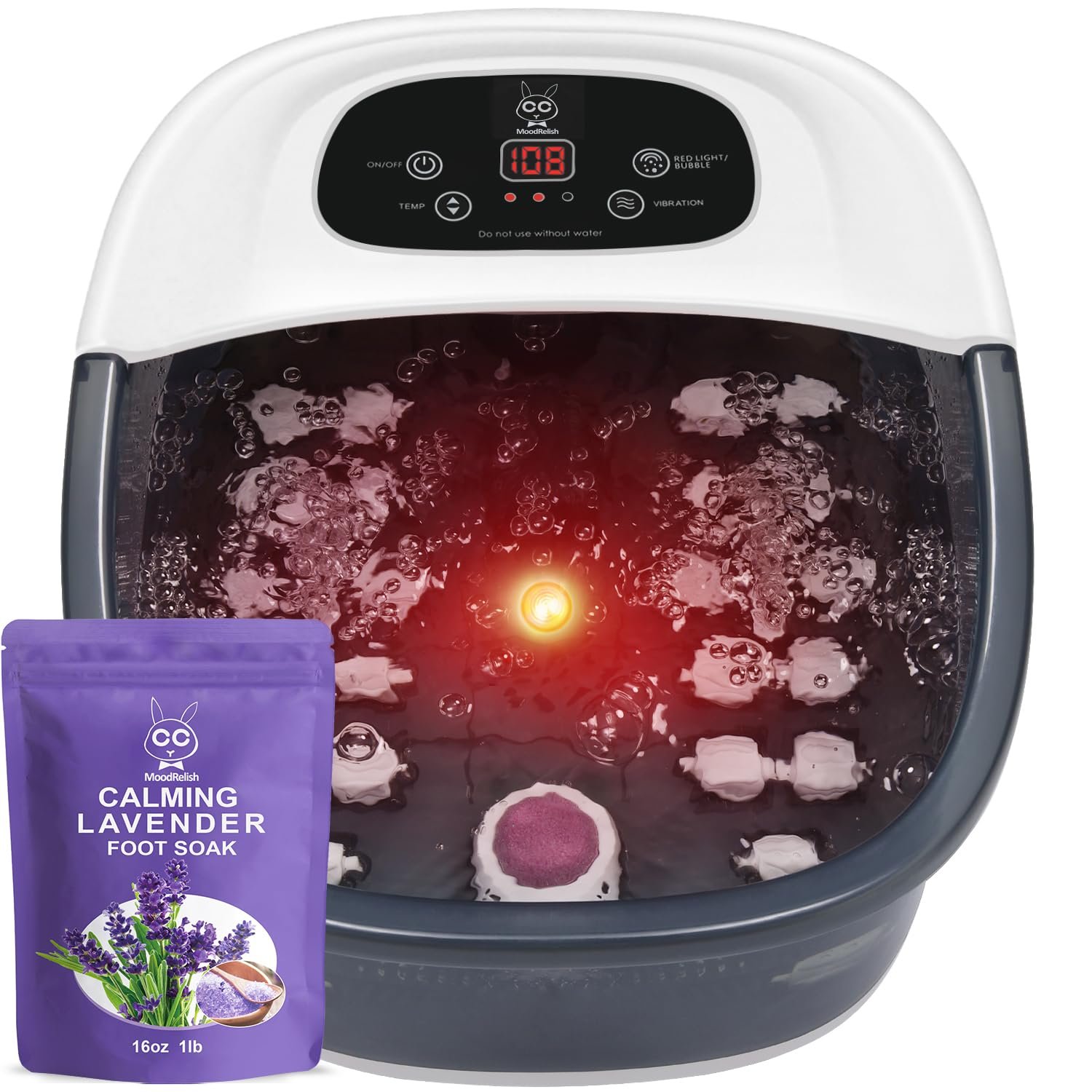 MoodRelish Foot Spa Bath Massager with Heat Bubbles and Vibration Massage and Jets, 16 OZ Calming Lavender Foot Soak Epsom Salt, Foot Soaker with Red Light, 22 Massage Rollers, Adjustable Temp – Grey