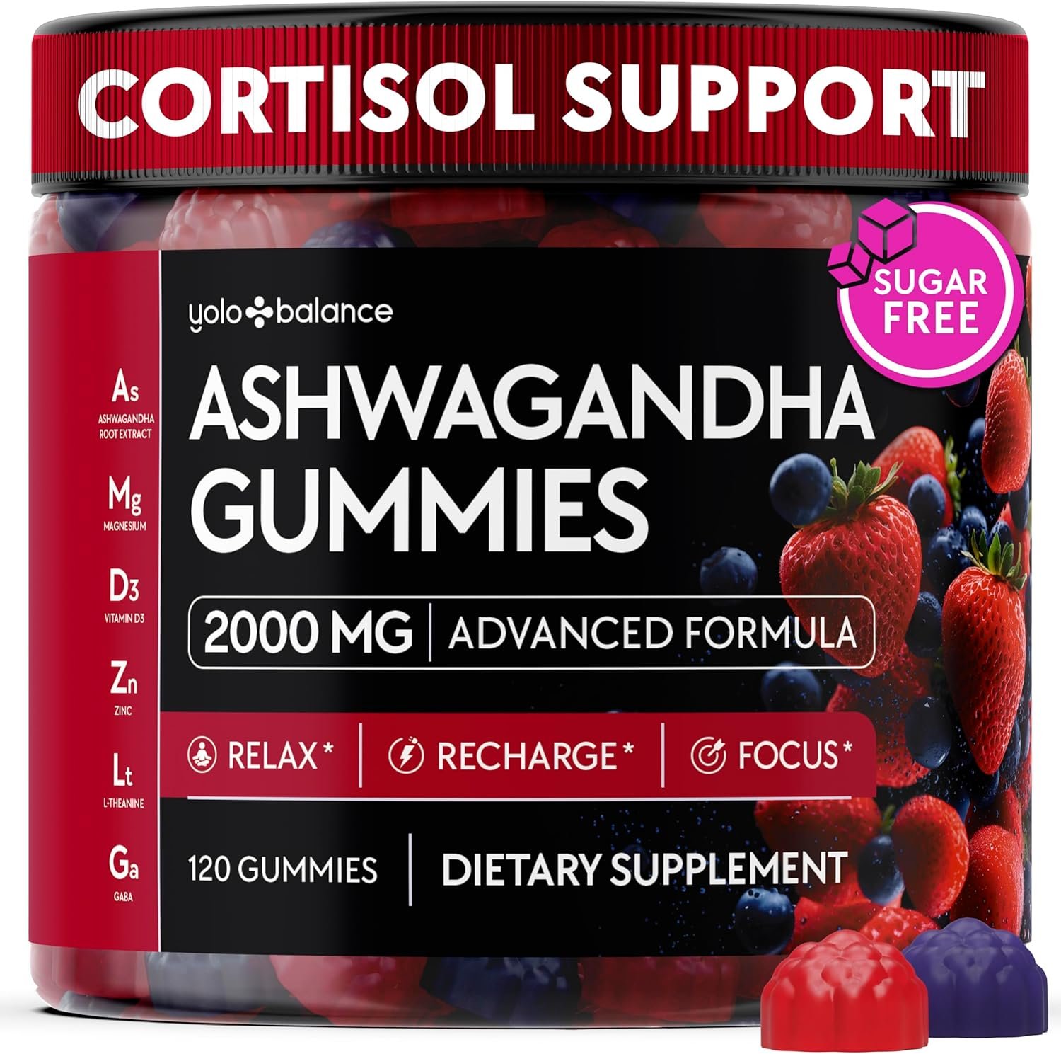 Ashwagandha Gummies – 120 Count – 2000 MG Ashwagandha Supplements with L-Theanine, GABA, Magnesium, Zinc & Vitamin D3 – Sugar-Free, Vegan, Non-GMO–Natural Support for Balance