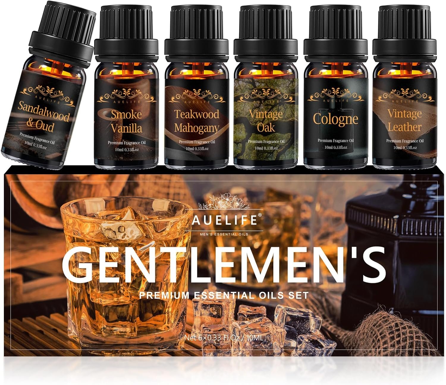 Men Essential Oils Set for Diffuser for Home, 6x10ml Masculine Fragrance Oils for Candle Making, Scented Oil Gift Set for Men, Mahogany, Sandalwood, Cologne, Smoke Vanilla, Leather