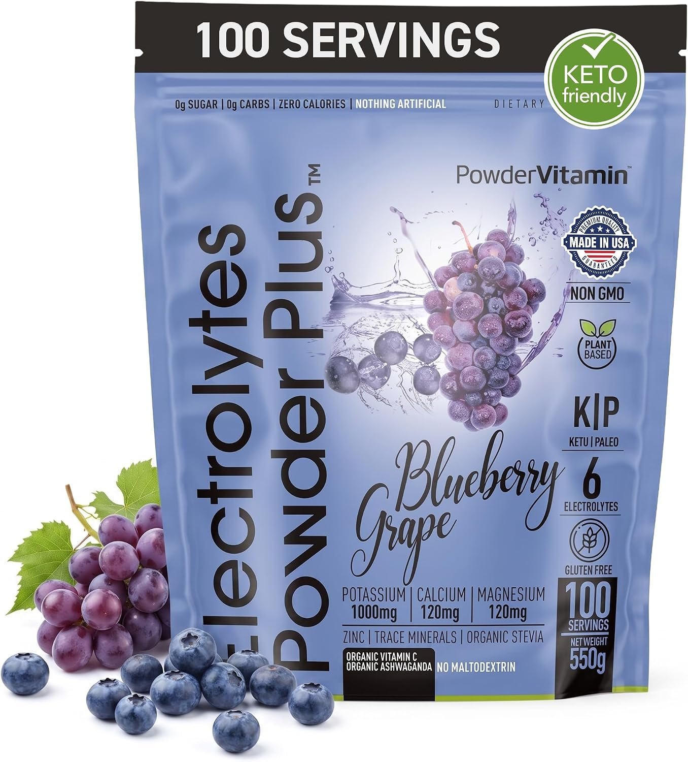 PowderVitamin Electrolytes Powder Plus, Sugar Free Hydration Powder 1000mg Potassium, 120mg Magnesium, 120mg Calcium, Himalayan Salt, Vitamin C & Zinc, USA Made, 550g, 100 Servings, Blueberry Grape