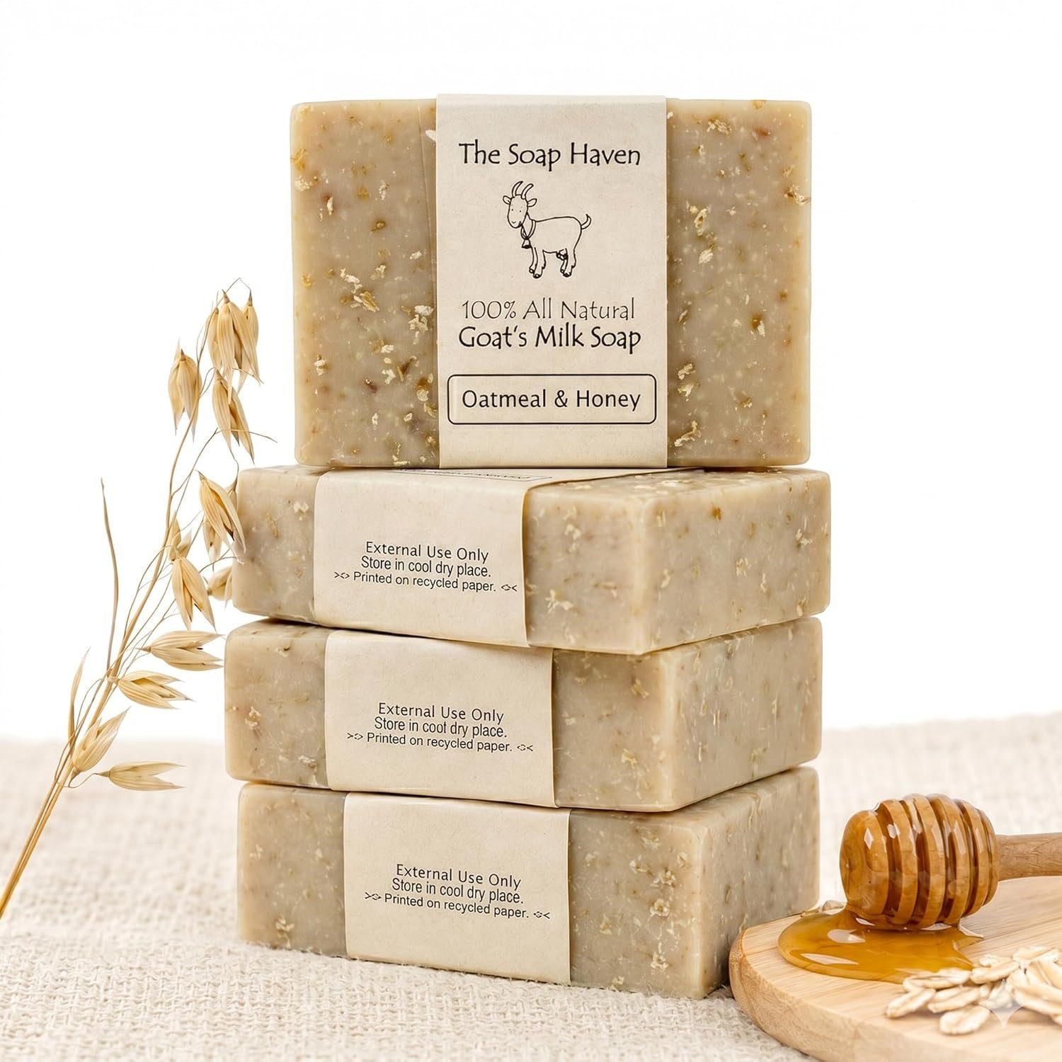 Oatmeal Soap – 4 Oatmeal & Honey Goat Milk Soap Bars, Handmade in USA, All Natural, Unscented, SLS Free, No Parabens