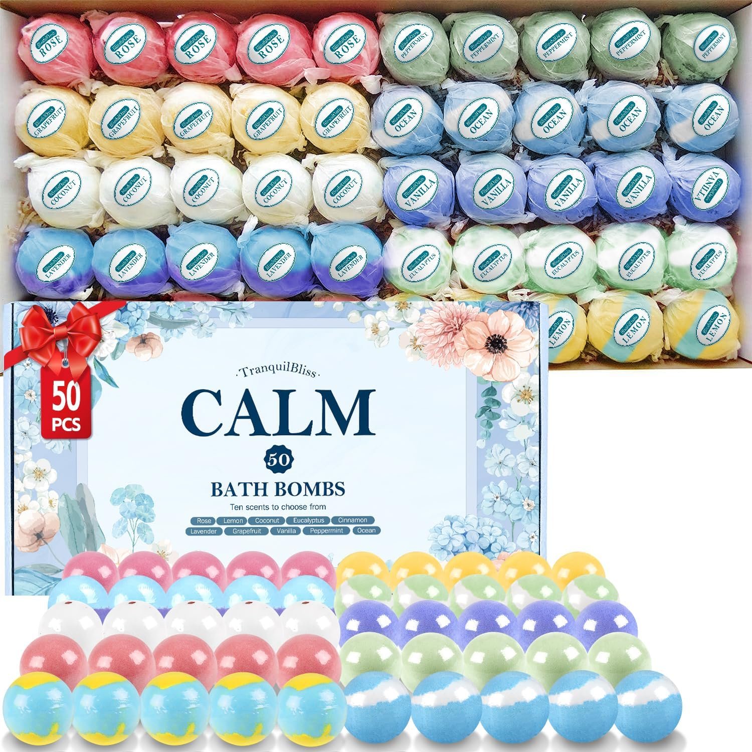 TranquilBliss Bath Bombs Set 50 PCS with 10 Rich Scents, Bath Bombs for Women, Natural Bubble Bombs with Shea Butter & Safe Oil, Ideal for Mother’s Day, Valentine’s Day, Christmas, Birthday Present