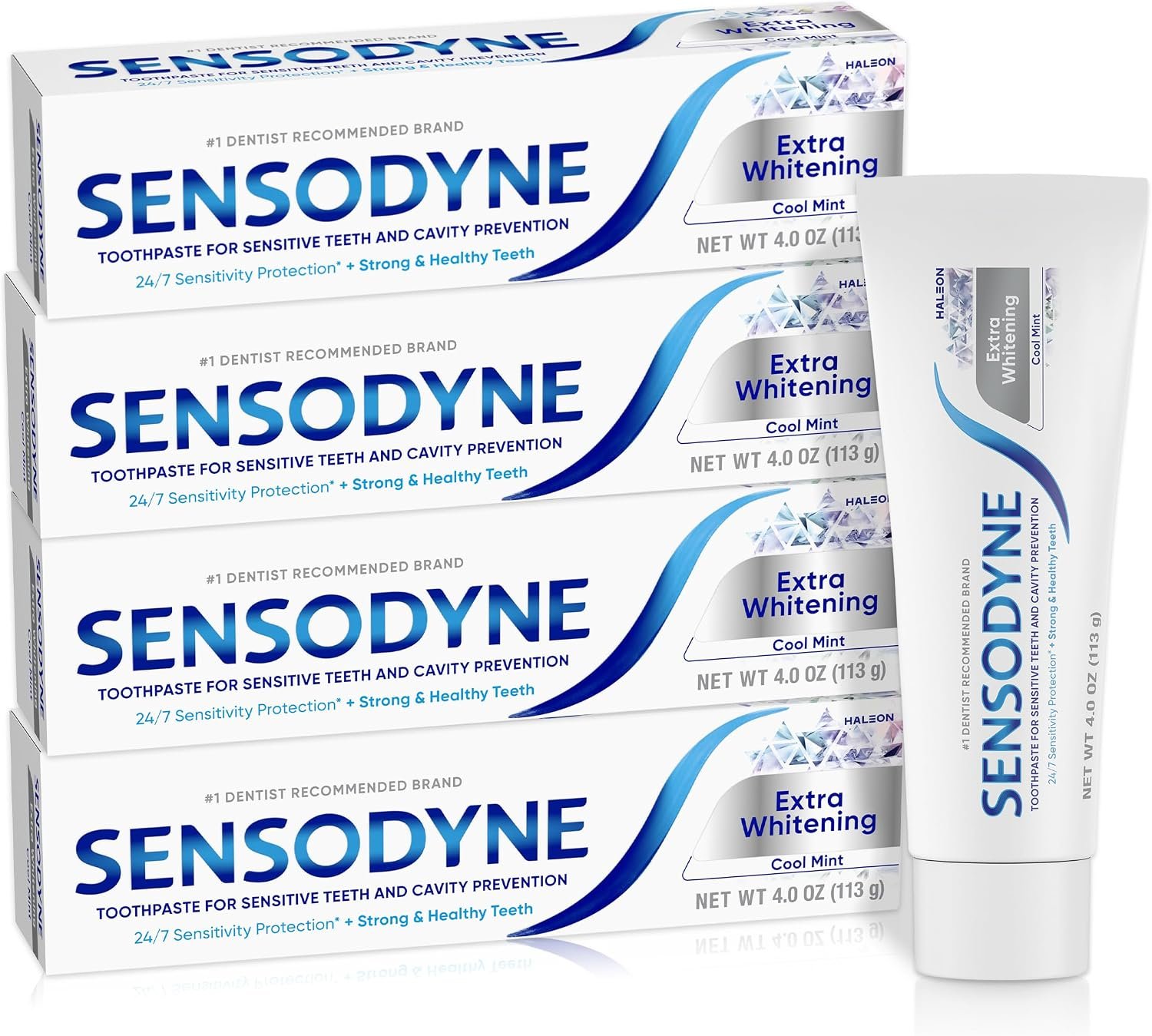 Sensodyne Extra Whitening Sensitive Teeth and Cavity Prevention Toothpaste, Amazon Exclusive, Cool Mint, 4 Ounces, 4 Count