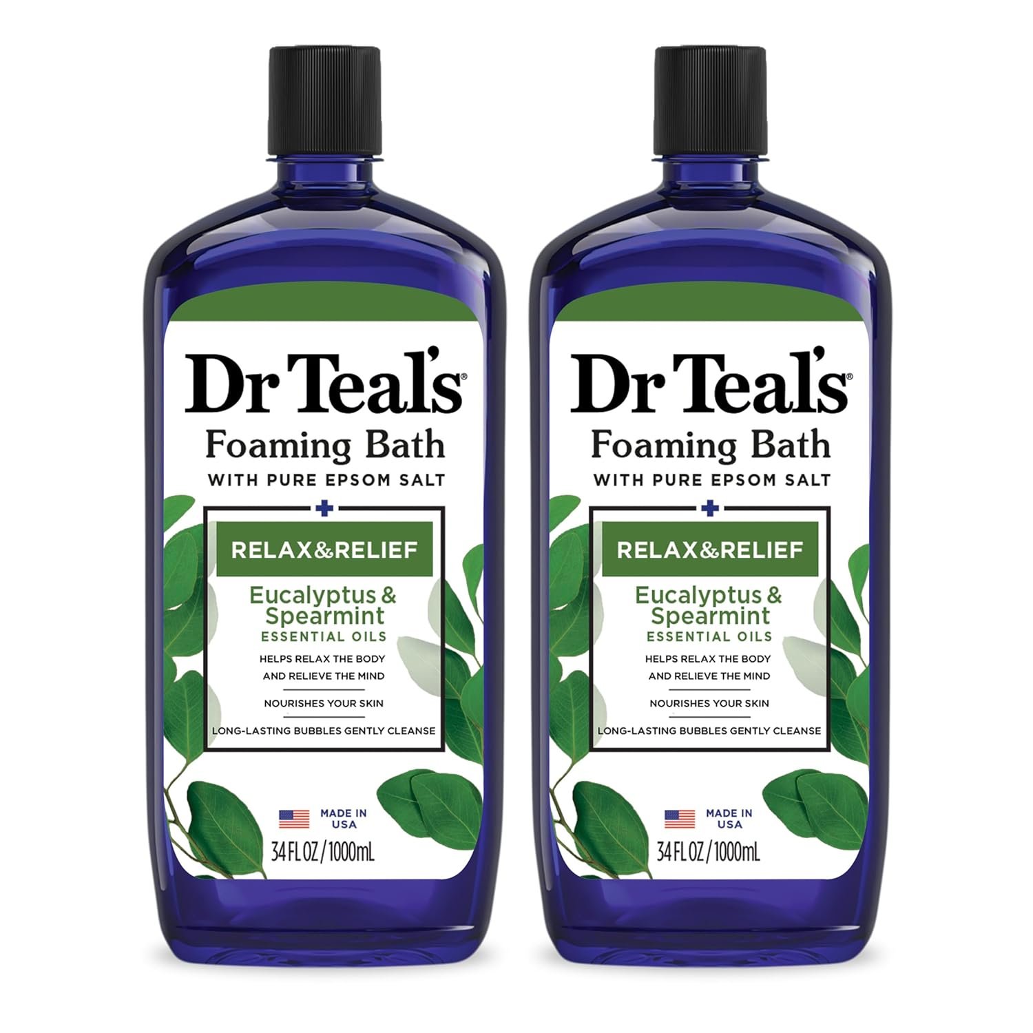 Dr Teal’s Foaming Bath with Pure Epsom Salt, Relax & Relief with Eucalyptus & Spearmint, 34 fl oz (Pack of 2)