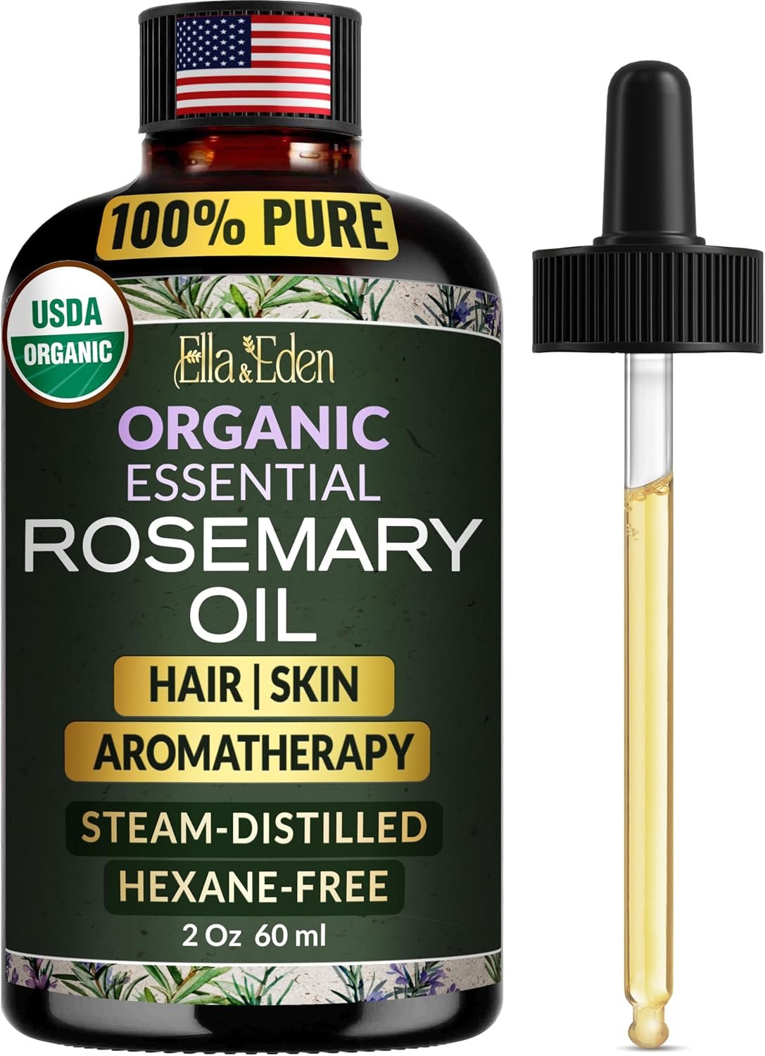 Ella & Eden Organic Rosemary Oil For Hair Growth – 2 Fl Oz, USDA Certified, 100% Pure, Steam-Distilled, USA Made, Hexane-Free – Rosemary Essential Oil for Skin, Aromatherapy – Glass Bottle