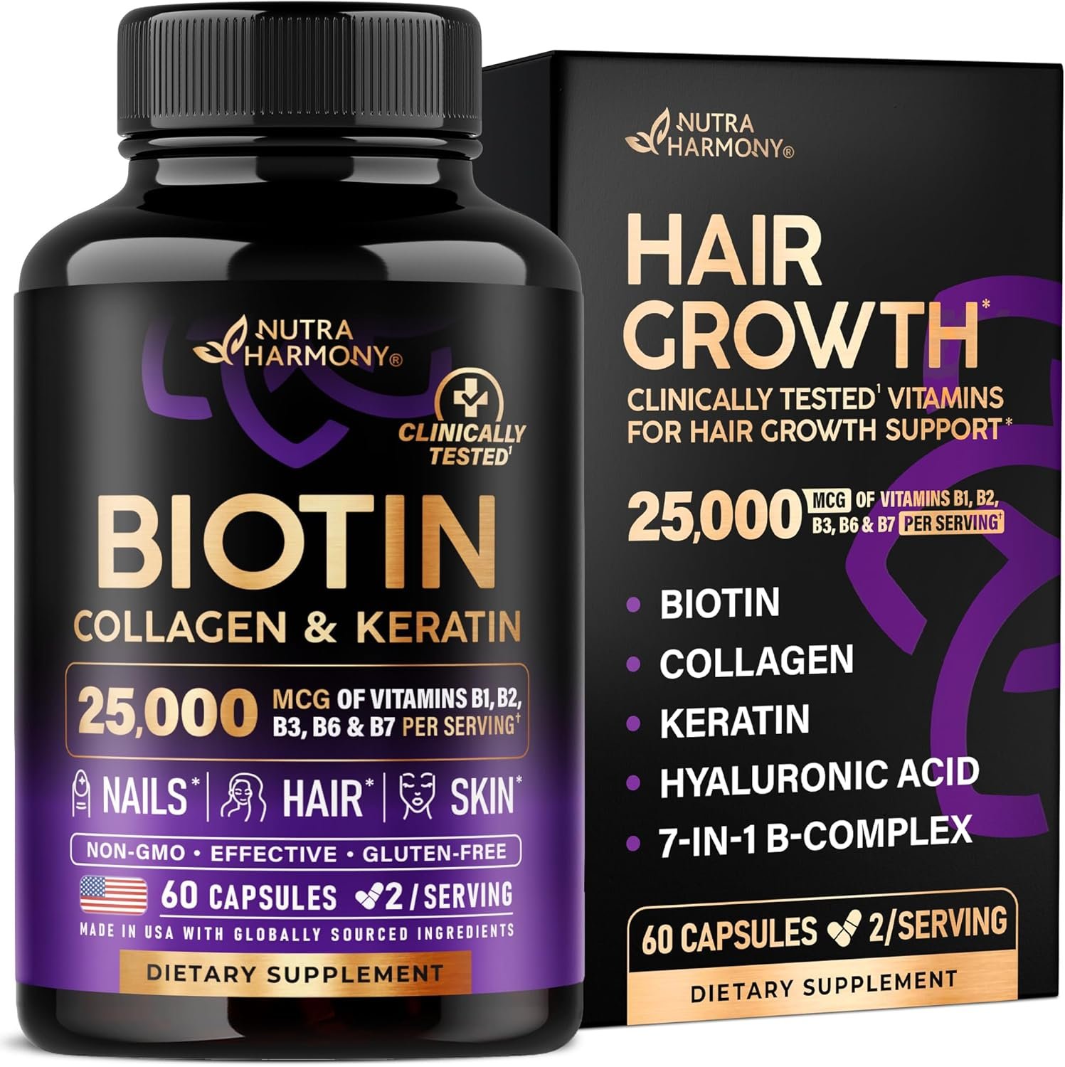 Biotin | Collagen | Hyaluronic Acid | Keratin – Hair Growth & Strength Support Vitamins – Skin & Nails Supplement – Clinically Tested for Men & Women – 25000mcg Vitamins B1, B2, B3, B6 & B7 – 60 Caps