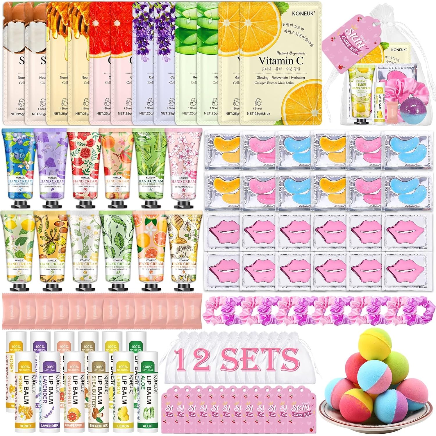 KONEUK 120 PCS Spa Party Supplies for Women, Spa Party Favors Include Face Masks Skincare, Hand Cream, Lip Balm, Under Eye Patches, Lip Mask and Foot Bath Bombs, Spa Birthday Sleepover Party Supplies