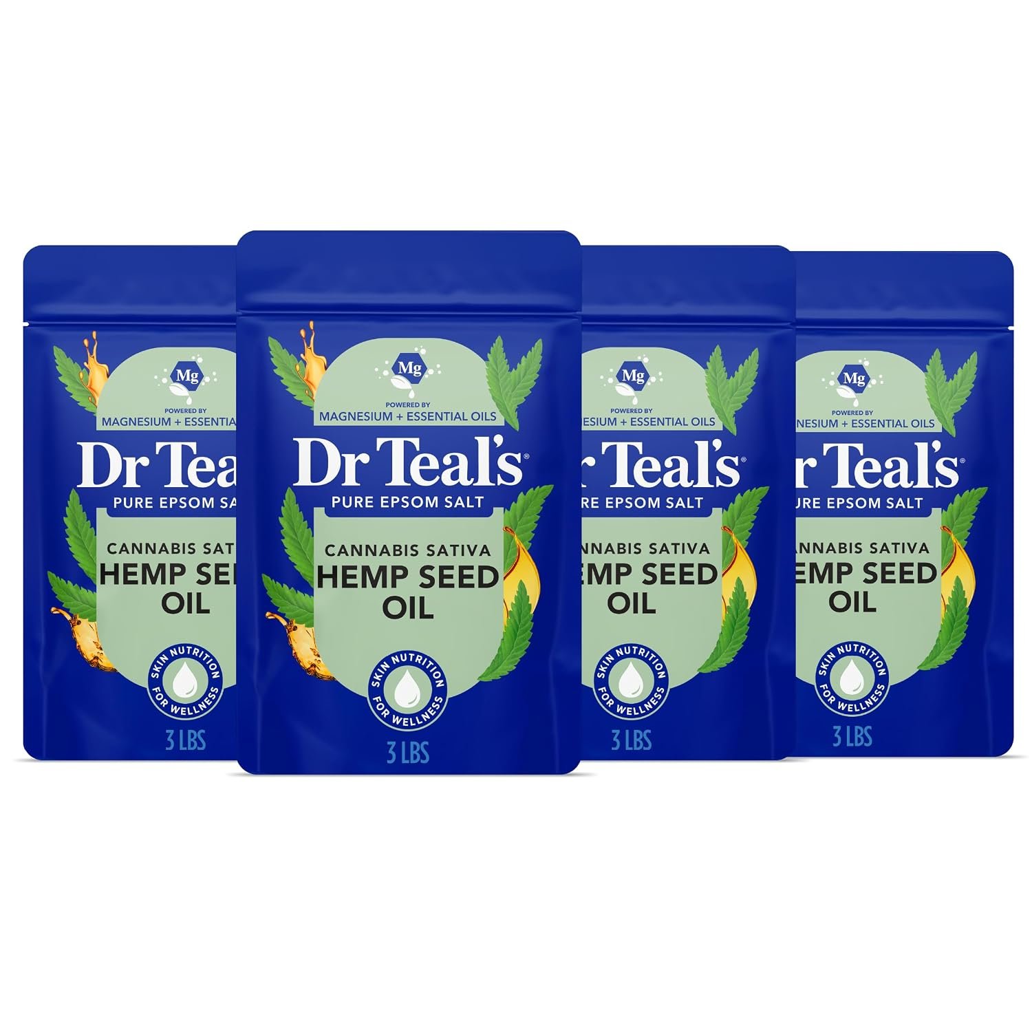 Dr Teal’s Pure Epsom Salt, Cannabis Sativa Hemp Seed Oil, 3 lb (Pack of 4)