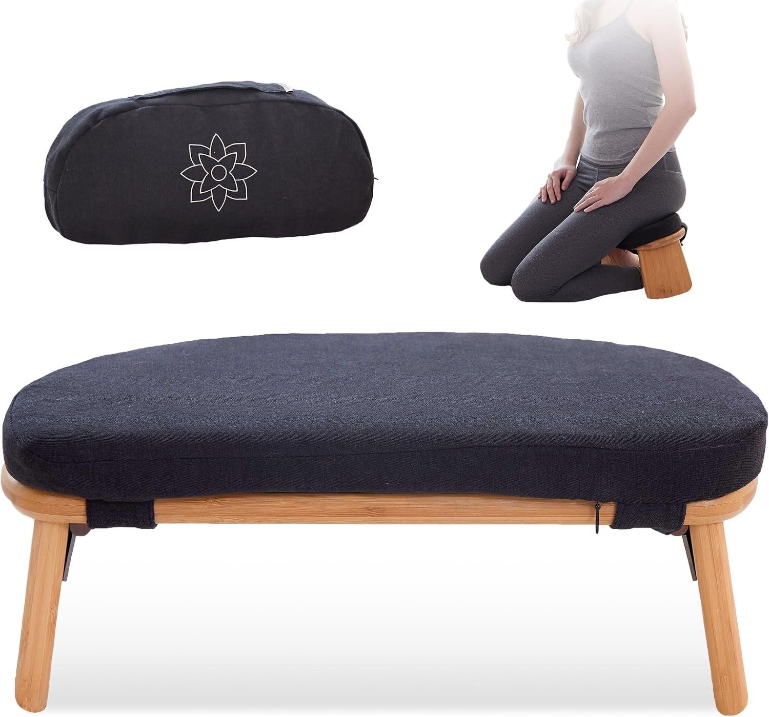 Mindful Modern Folding Meditation Bench – Bamboo Kneeling Stool w/Locking Magnetic Hinges – Prayer Kneeler Seiza Chair w/Soft Pillow & Travel Bag