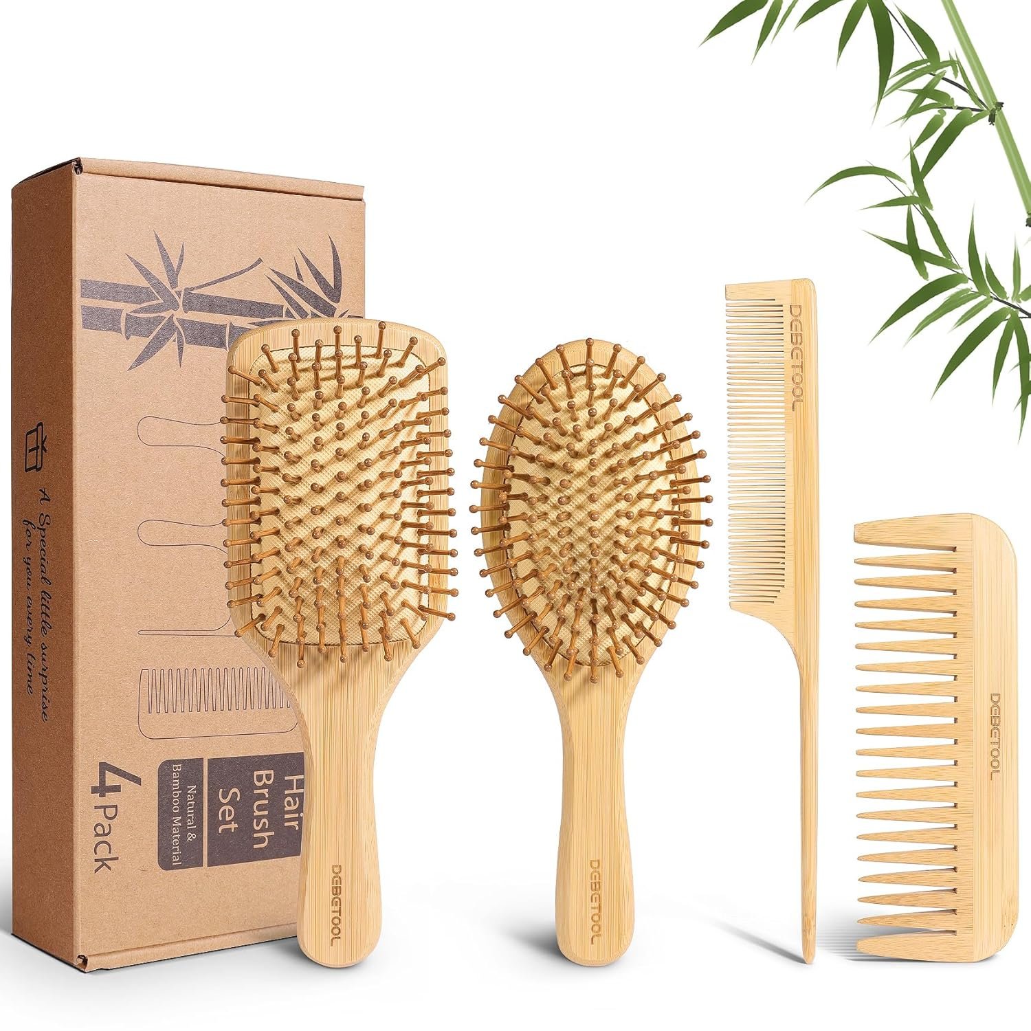 DEBETOOL Bamboo Hair Brush and Comb Set – Natural Wooden & Bamboo Brush for Hair Growth with Wide-tooth Tail Comb, Ergonomic Design for (Thick/Thin/Curly/Dry Hair) – Wooden Comb for Women Gift Kit