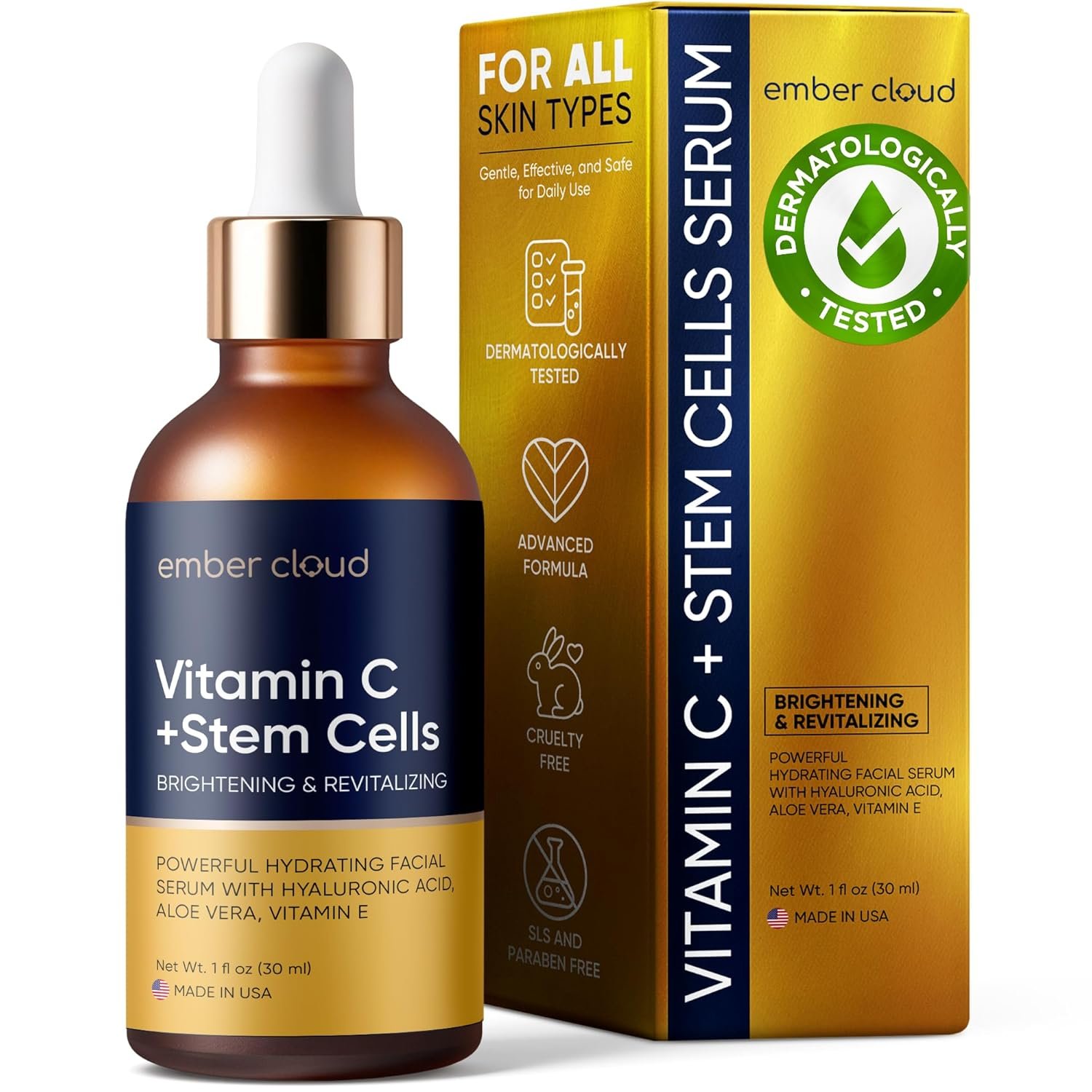 Vitamin C Serum for Face with Stem Cells Hyaluronic Acid Aloe Vera Vitamin E Anti-Aging Face Serum Supports Skin Health & Even Tone All Skin Types Cruelty Free (1 Oz) Made in USA