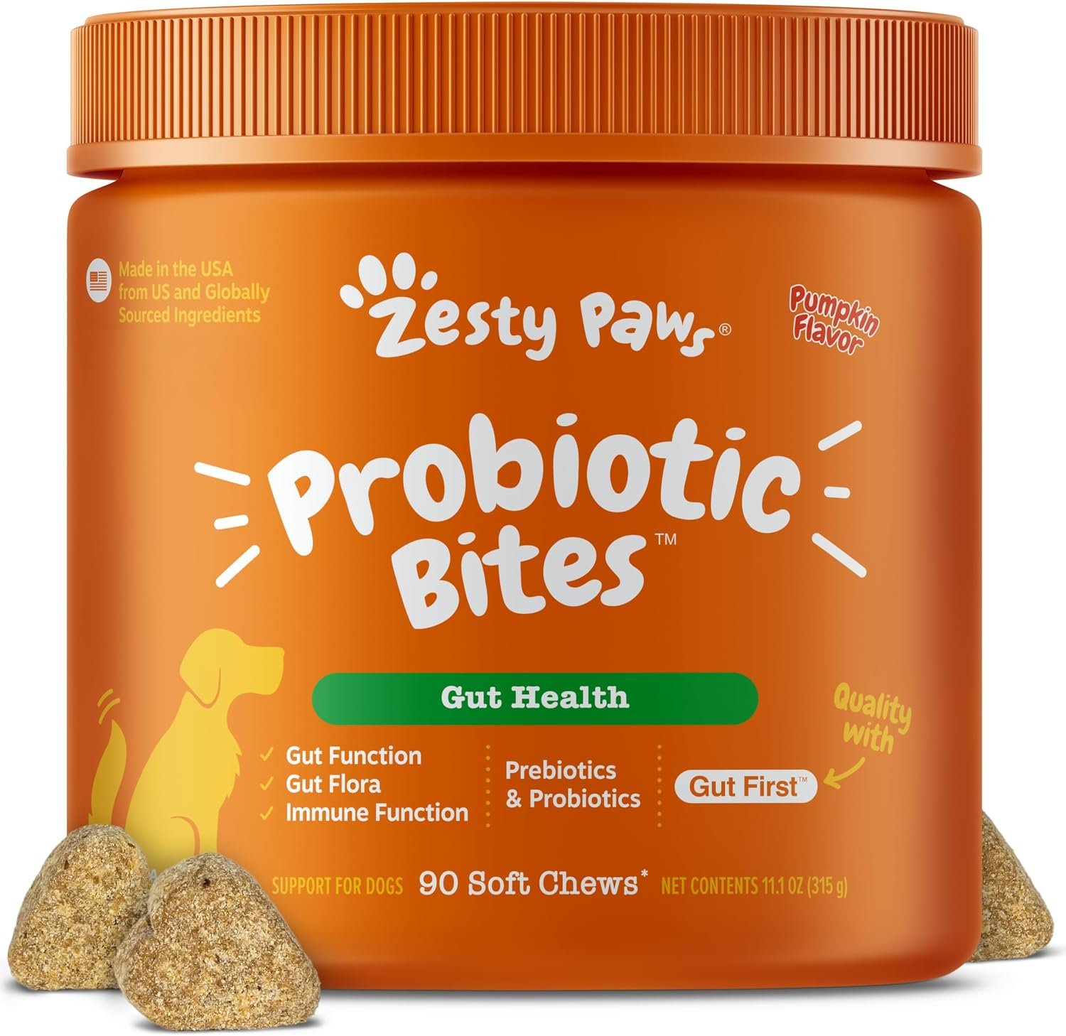 Zesty Paws Probiotics for Dogs – Digestive Enzymes for Gut Flora, Digestive Health, Diarrhea & Bowel Support – Clinically Studied DE111 – Dog Supplement Soft Chew for Pet Immune System – Pumpkin, 90ct