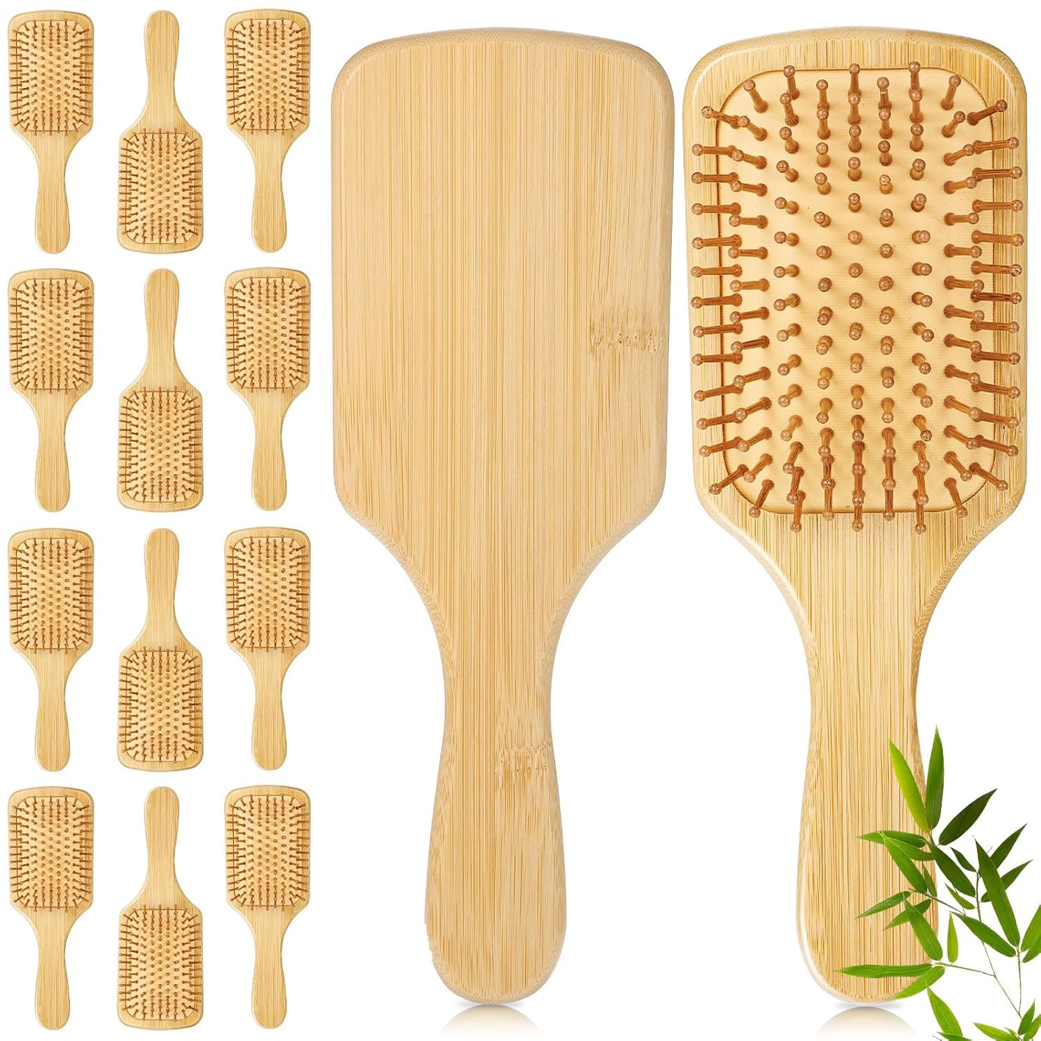Molain 12 Pcs Bamboo Hair Brush, Bulk Wooden Paddle Brush for Women Round-tipped Bamboo Bristles, Detangling Brushes Lightweight Scalp Massage Anti Static for Women Men (9.84” × 3.4”)