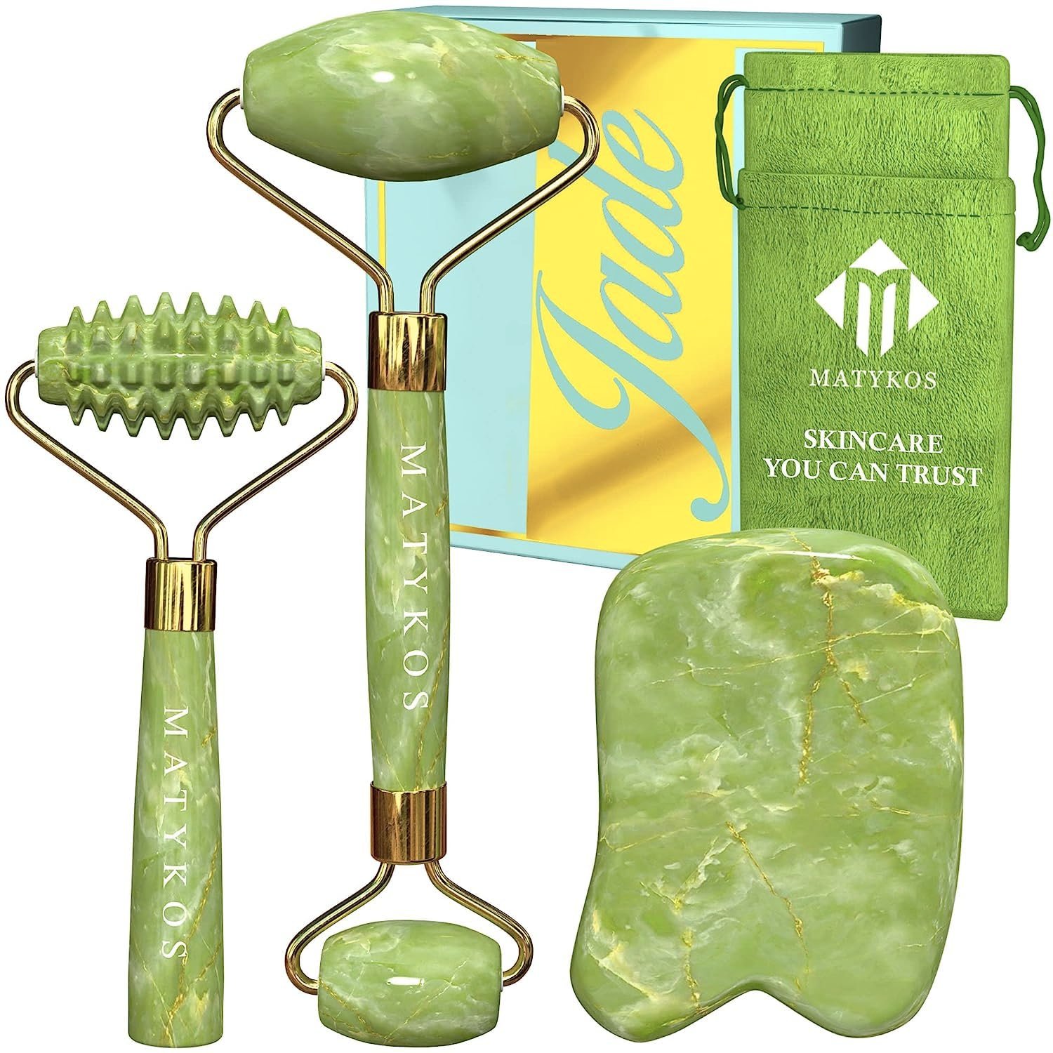 Jade Roller for Face and Gua Sha Set – 2 Anti-Aging Facial Rollers and Gua-Sha Facial Tool – Face and Body Massager for Your Skincare Routine – Massage Tools for Wrinkles and Lifting