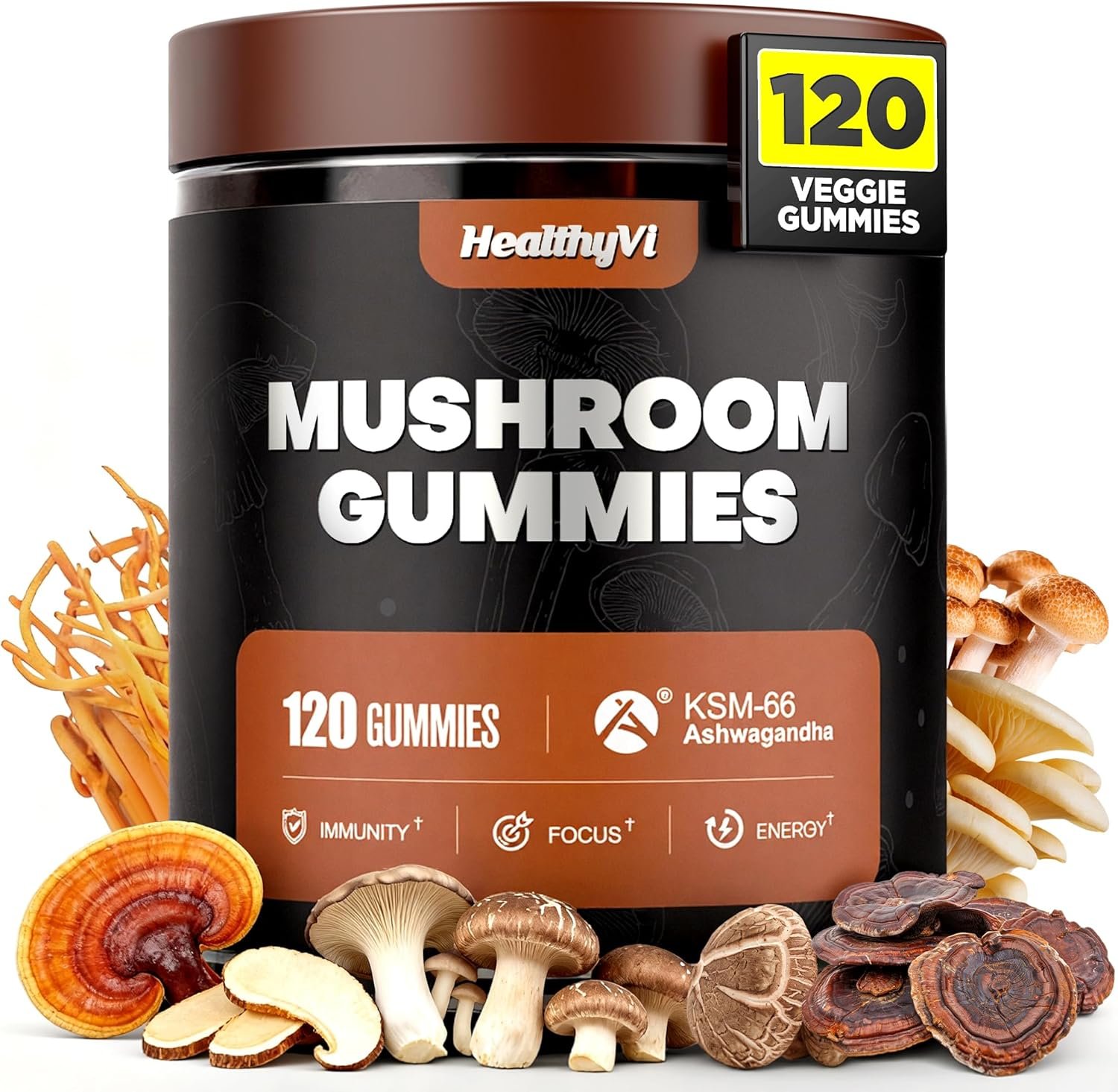 10-In-1 Mushroom Gummies with KSM-66 Ashwagandha & Magnesium Threonate Boosts Focus, Memory & Cognitive, 120 Ct Mushroom Supplement with Vitamin D3 & B12 for Immunity & Energy, Vegan, Blueberry Flavor