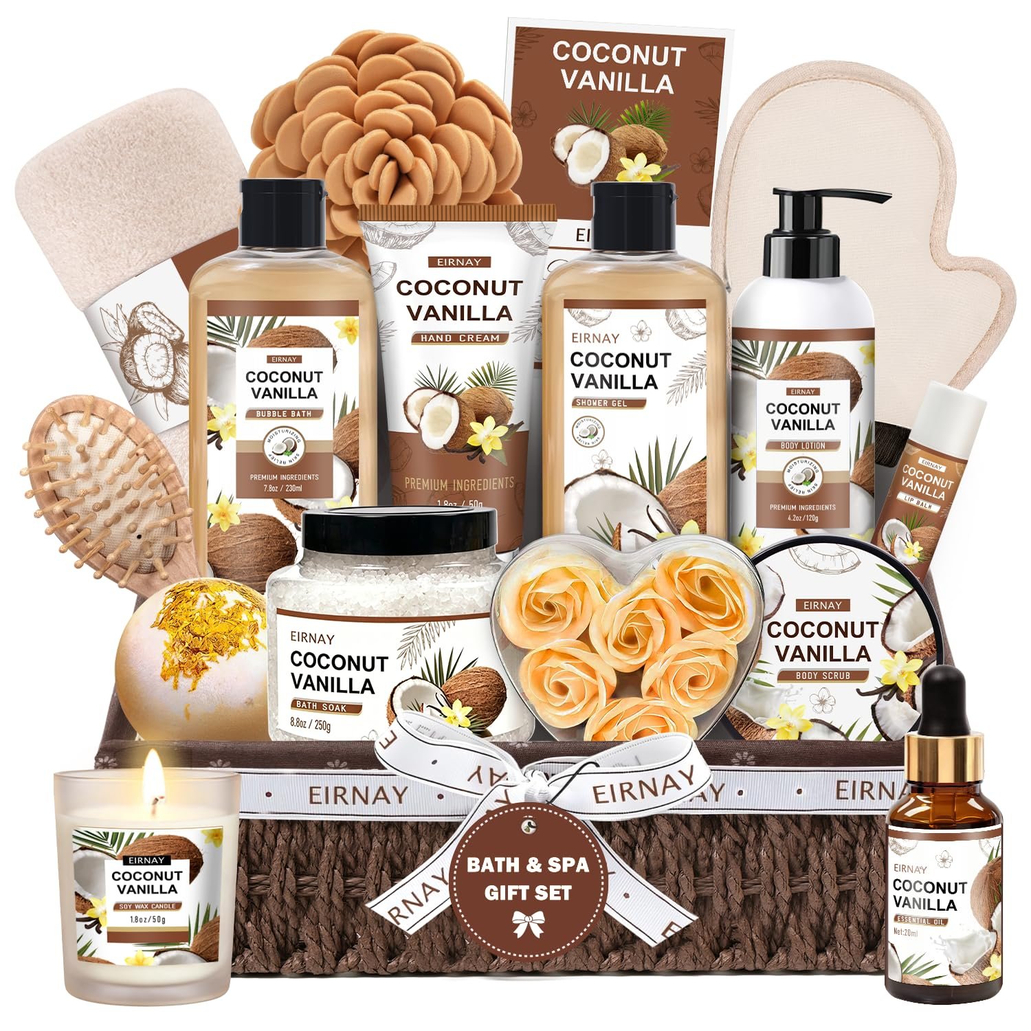 Gifts For Women – 16 PCS Birthday Gift Basket for Women Set of Coconut Vanilla Self Pampering Set, Includes Luxurious Home Spa Shower Gel Bubble Bath