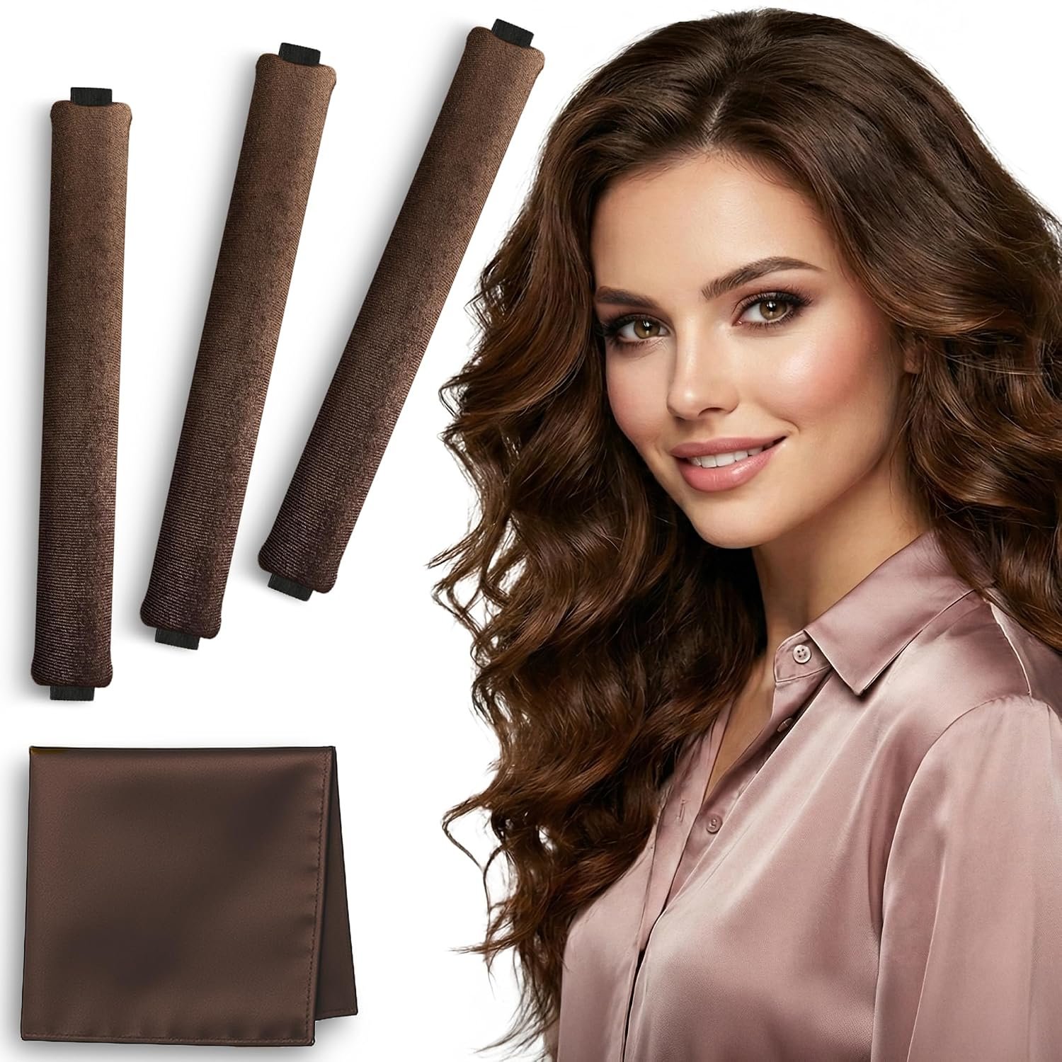 VISOFO Heatless Curls Overnight | Rods for Blowout Look, Long Hair Rollers Blow Out Curling Rod No Heat Flexi Foam Tubes Silk Satin Velvet Soft Curlers to Sleep In Tools Set (Brown, 3 Set)