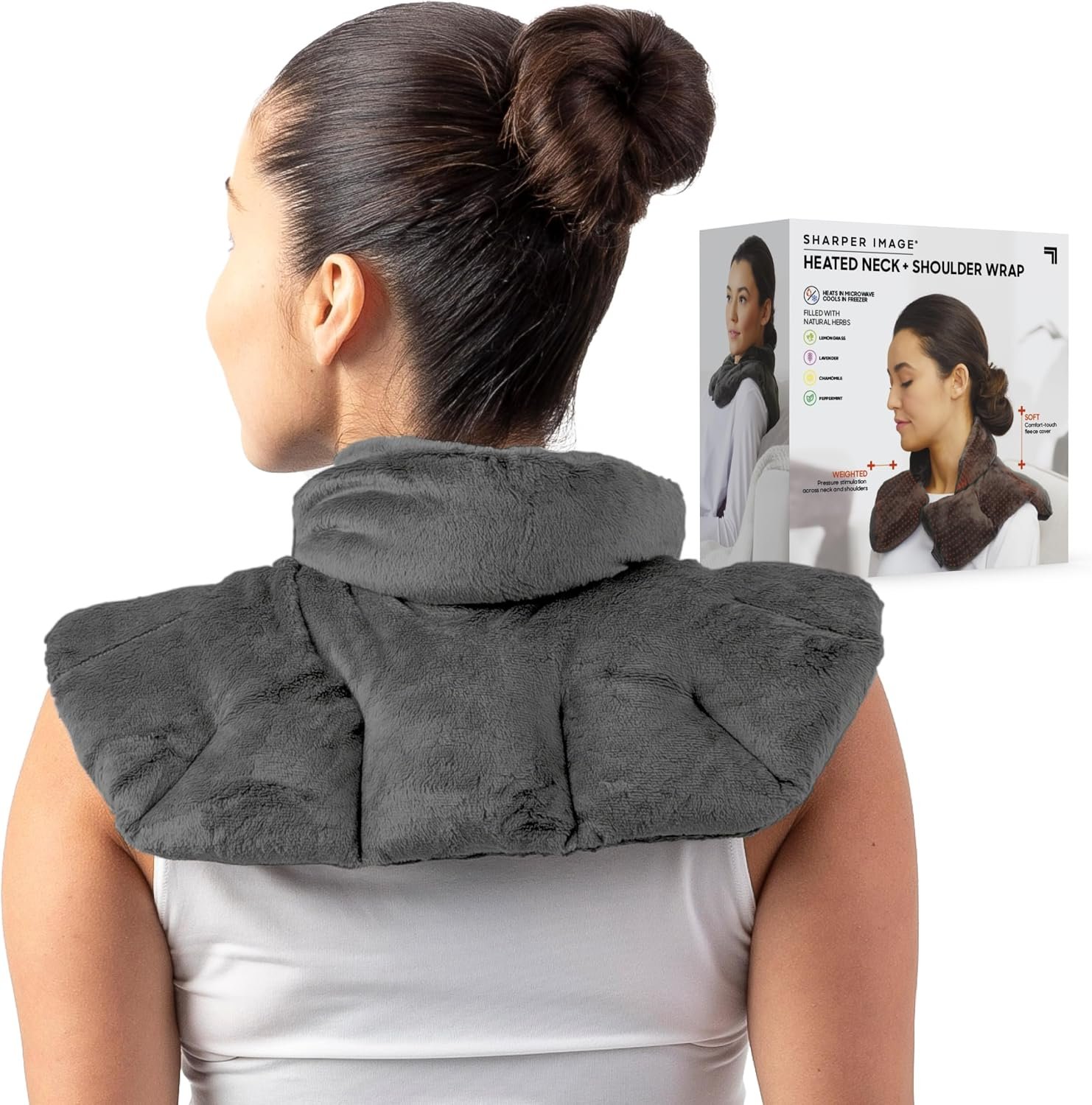 Sharper Image Heated Neck & Shoulder Wrap – Microwavable Warm & Cooling Plush Pad, Scented Aromatherapy (100% Natural Lavender & Herb Spa Blend), Pain Tension Headache Relief Therapy, Gift for Women