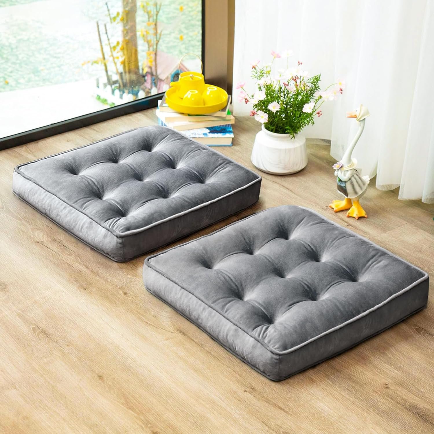 1 MIDDLE ONE Floor Pillow Set of 2, Memory Foam Meditation Cushion, Floor Cushions for Adults Sitting, Large Square Seat Cushions for Yoga, Living Room, 20×20 Inch (Grey)