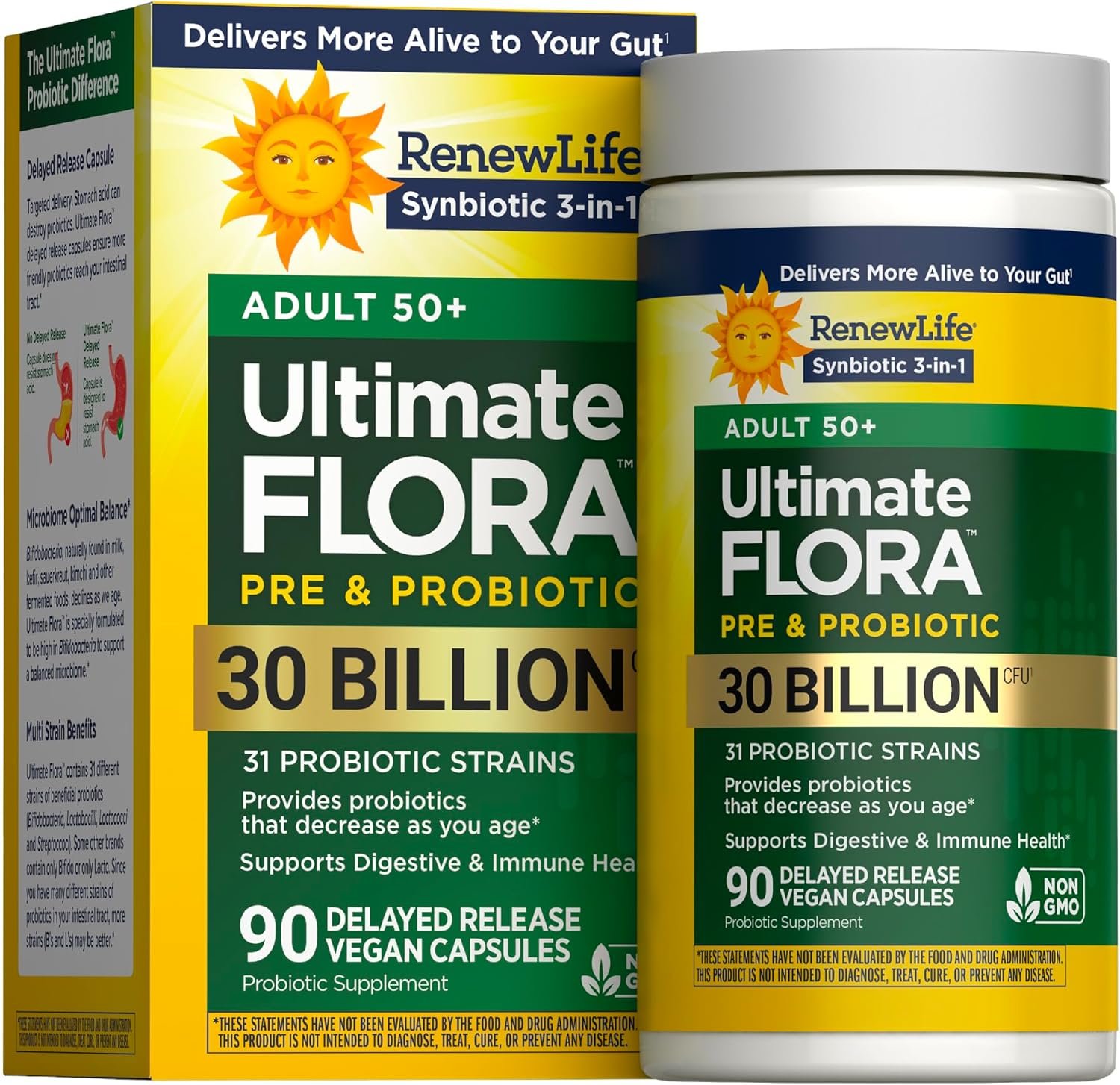 Renew Life Probiotic Adult 50 Plus Probiotic Capsules, Daily Supplement Supports Urinary, Digestive and Immune Health, L. Rhamnosus GG, Dairy, Soy and gluten-free, 30 Billion CFU, 90 Count