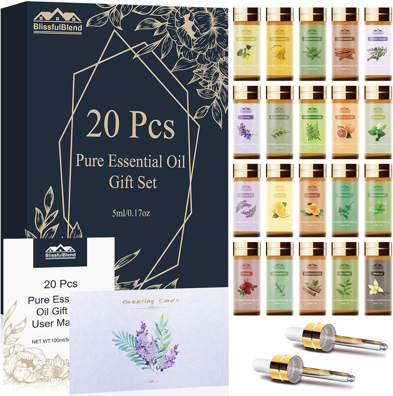 Fragrance Essential Oils Set, Essential Oils for Diffuser, for Home, Skin, Candle & Soap Making-Tea Tree, Lavender, Peppermint, Rose and More, with Gift Card for Friend, Teacher, Mom(20×5ml
