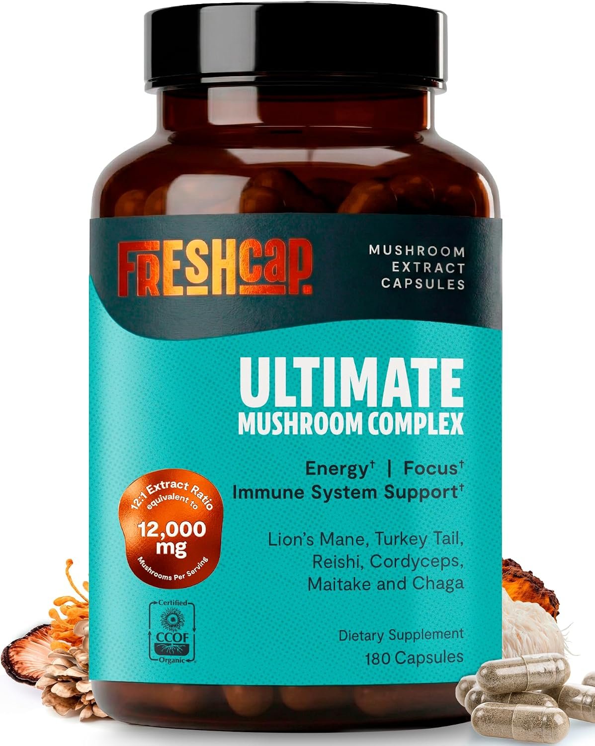 FreshCap Mushrooms Premium Organic Ultimate Mushroom Supplement – 12:1 Fruiting Body Extract with 29% Beta-Glucans – 3rd-Party Tested Nootropic for Energy, Focus & Immune Support (180 Capsules)