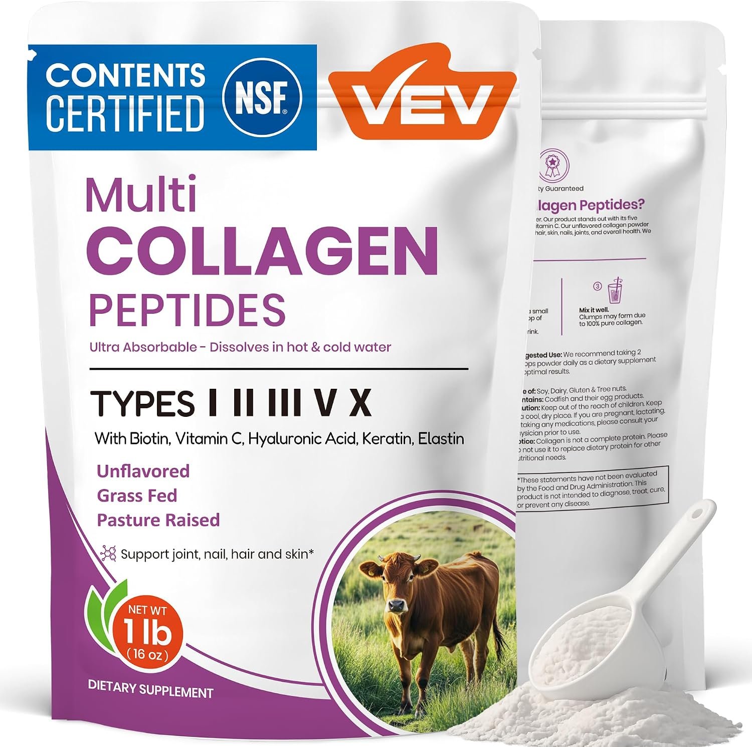 VEV Multi Collagen Peptides Powder, NSF Certified, 16 oz – Hydrolyzed Collagen Types I, II, III, V & X, with Hyaluronic Acid, Biotin & Vitamin C, Unflavored, 41 Servings