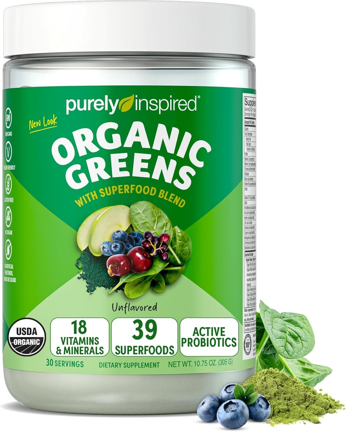 Purely Inspired Organic Greens Powder Superfood Smoothie Mix, Unflavored (30 Servings) – Super Greens with Probiotics, Spirulina & Chlorella for Gut & Digestive Health – Vegan
