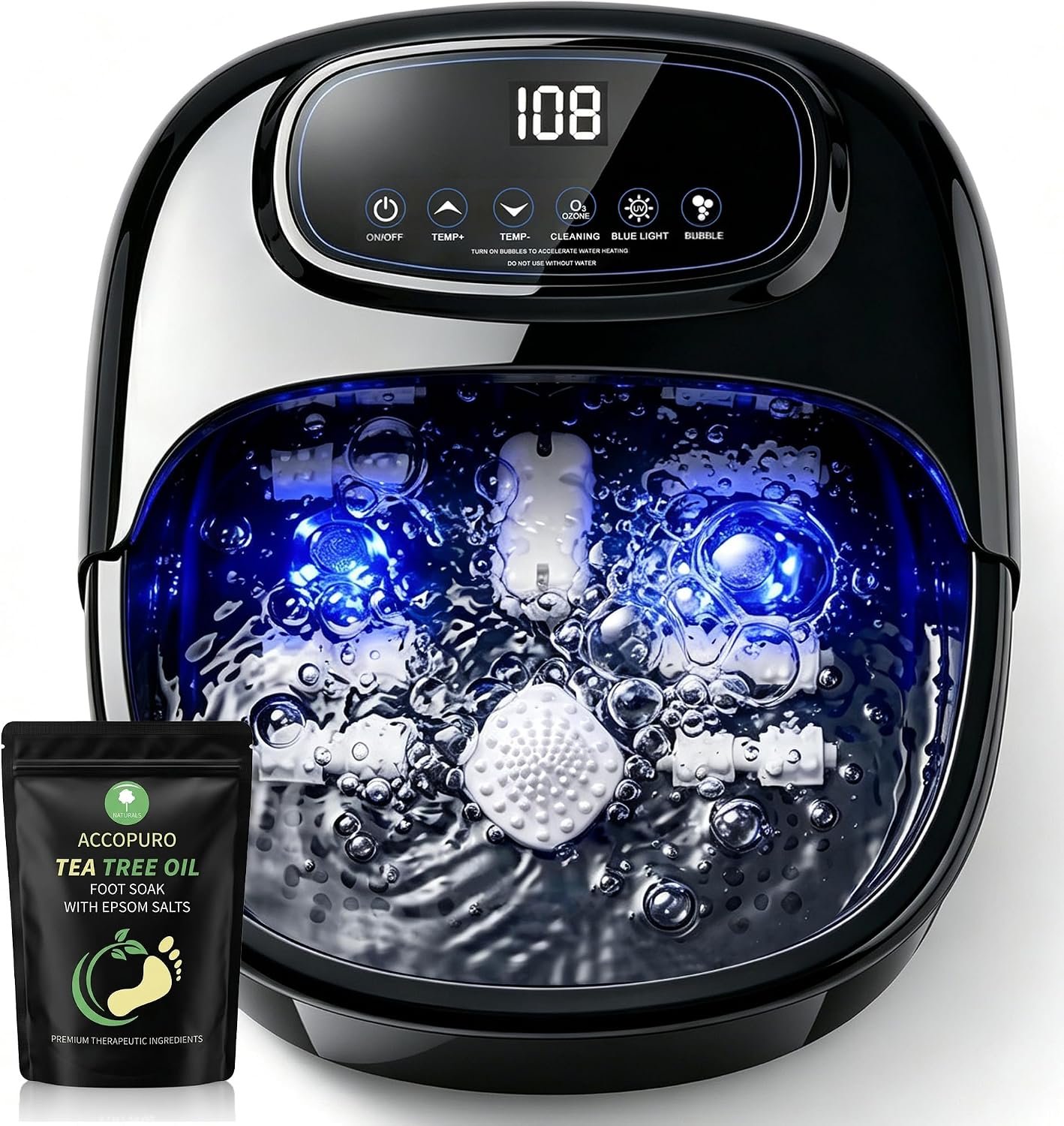 Foot Soaking Tub with Ozone UV, Foot Spa Bath Massager with Heat and Bubbles, Custom Temp Control, Pressure Rollers for Tired Feet, Gift Set for Parents Couples (Black)