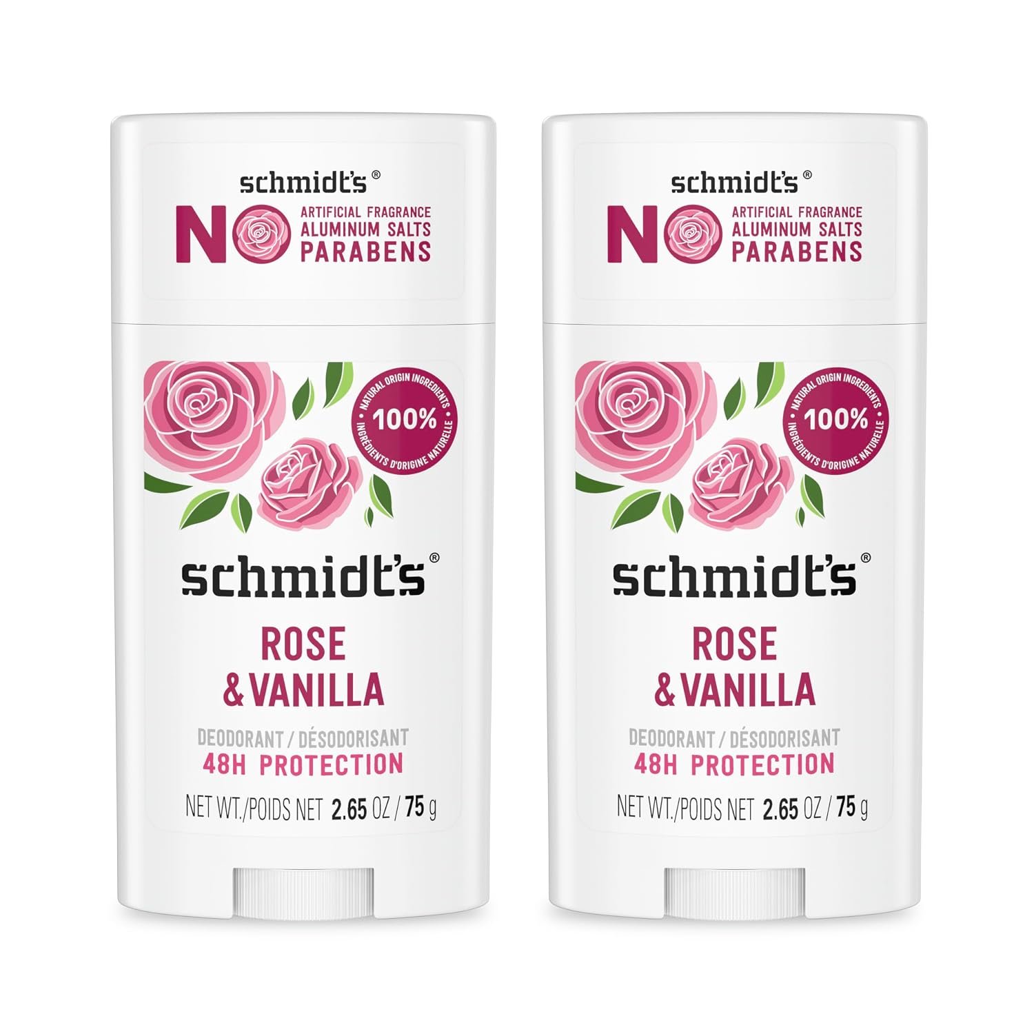 Schmidt’s Aluminum-Free Vegan Deodorant Rose & Vanilla with 24 Hour Odor Protection 2 Count for Women and Men, Natural Ingredients, Cruelty-Free, 2.65 oz