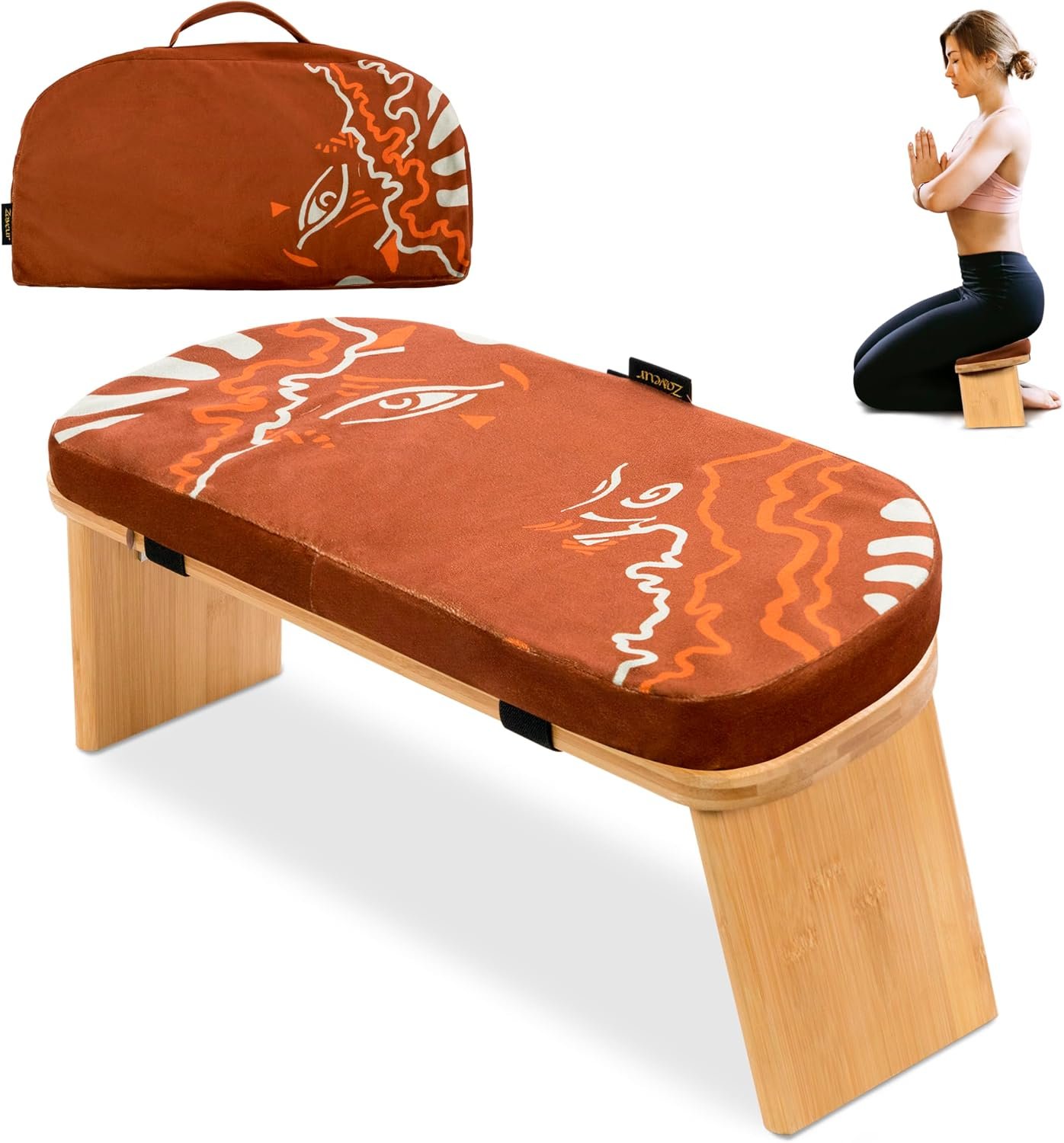 Zaveur Bamboo Meditation Bench with Cushion – Foldable Bench for Multiple Seating Angles – Kneeling Chair Meditation Stool – Yoga Chair Prayer Bench for Deeper and Longer Meditation – Brown