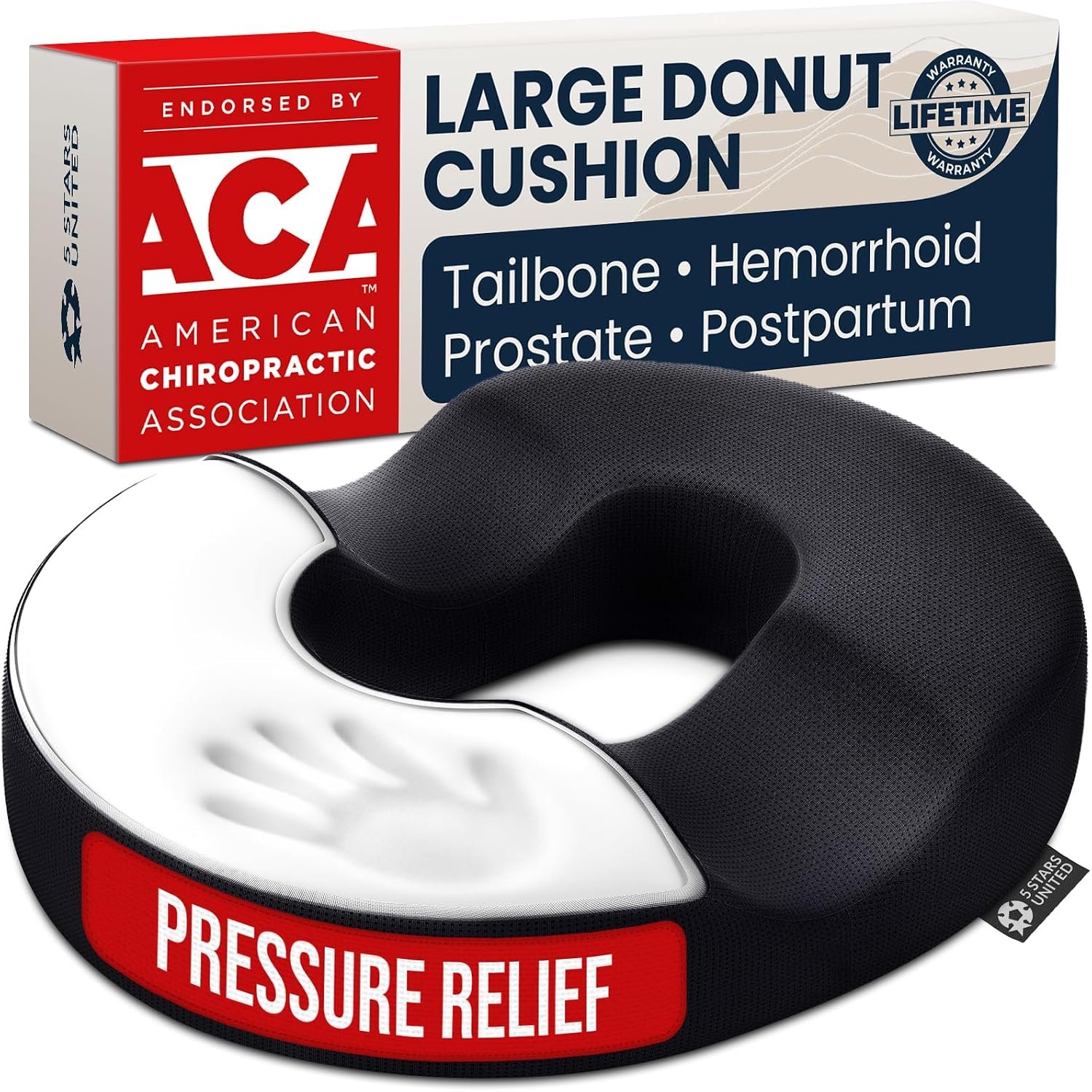 5 STARS UNITED Donut Pillow for Tailbone Pain & Hemorrhoids – Large Memory Foam Seat Cushion for Bed Sore-Prone Areas & Pressure Relief – Prostate, Postpartum & Pregnancy Support, Black Mesh Cover