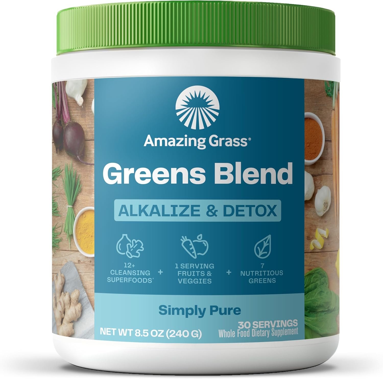 Amazing Grass Greens Blend Alkalize & Detox, Smoothie Mix, Cleanse with Super Greens & Beet Root Powder, Digestive Enzymes, Prebiotics & Probiotics, 30 Servings, 8.5 Ounce (Packaging May Vary)