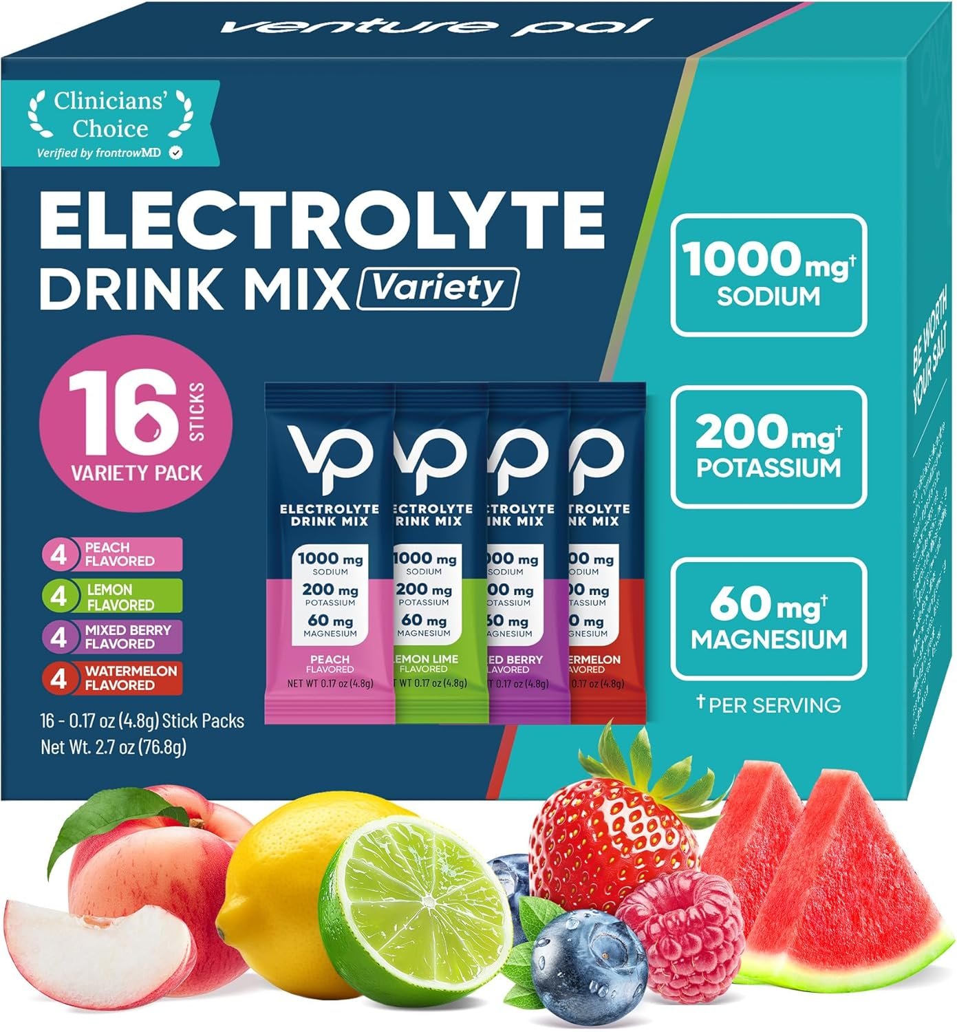 Venture Pal High Sodium Sugar-Free Electrolyte Powder Packets – Hydration Packets with Sodium, Potassium & Magnesium | Zero Calories | Keto, Vegan, and Paleo Friendly | 16 Sticks