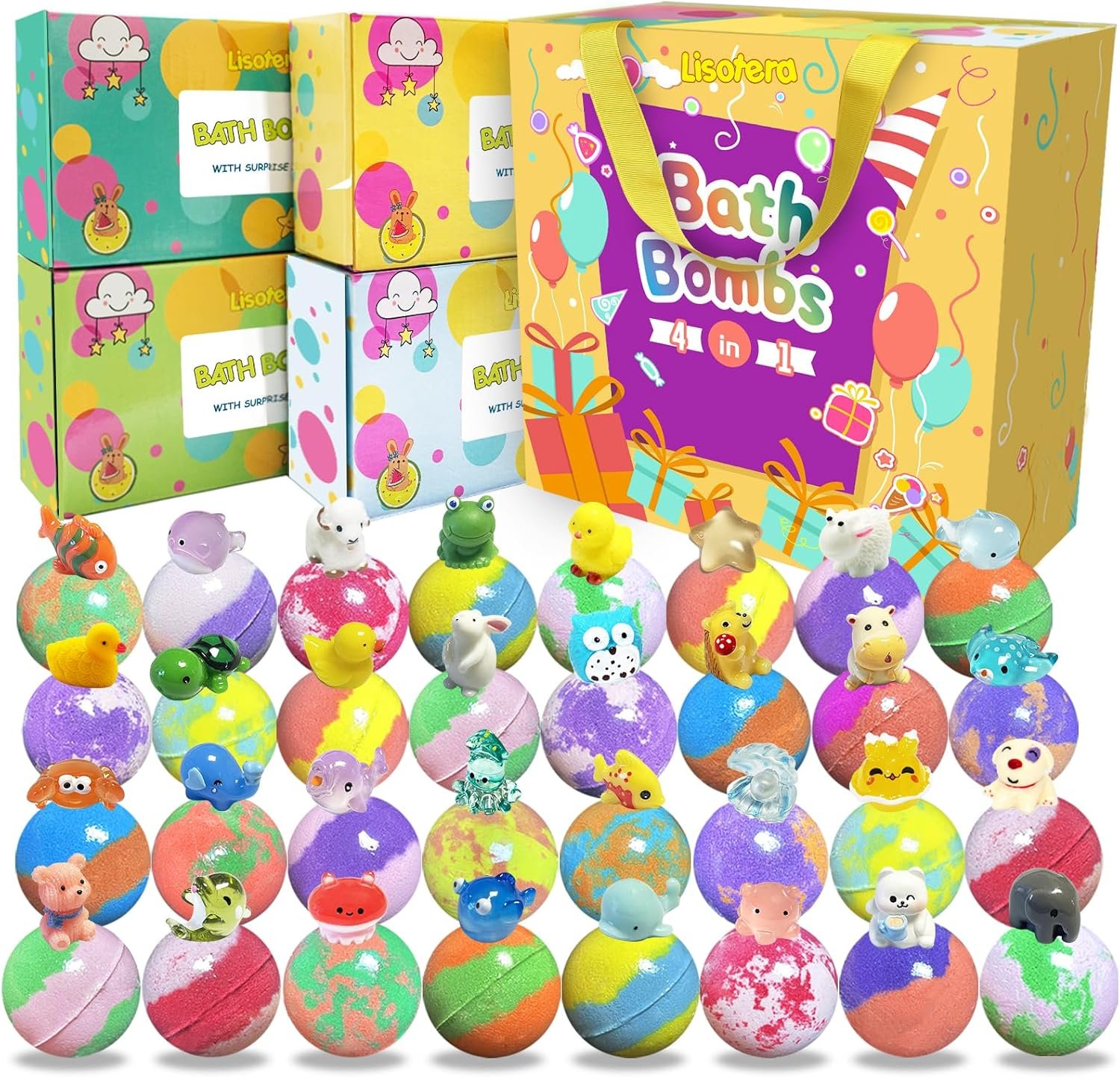 Bath Bombs for Kids with Surprise Inside, 32 Pack Kids Bath Bombs with Land & Sea Animal Toys, Bubble Bath Fizzy Ball for Girls Boys with Bath Toys, Fun Birthday Gift Handmade Child-Safe Bath Bomb