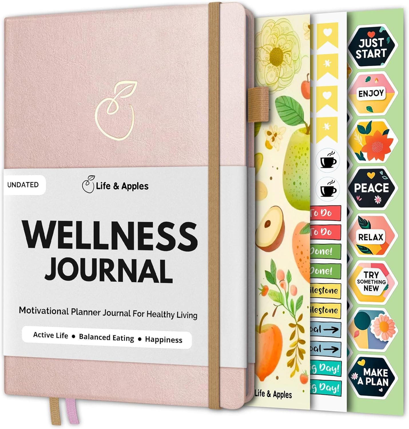 Life & Apples Wellness Journal and Planner – Food Journal, Fitness Journal, Daily Weight Loss Journal for Diet Tracking, Food Log and Health Goals, Undated, Size A5 Rose Gold