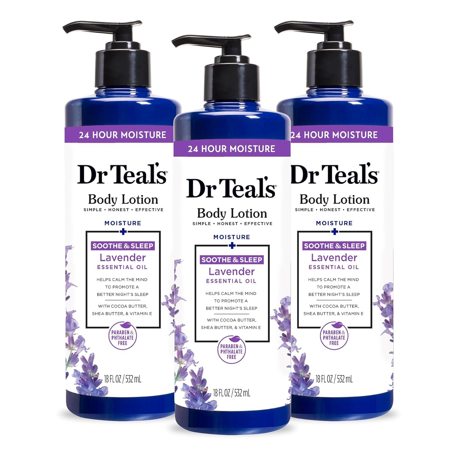 Dr Teal’s 24 Hour Moisture+ Body Lotion, Lavender Essential Oil, 18 fl oz (Pack of 3)