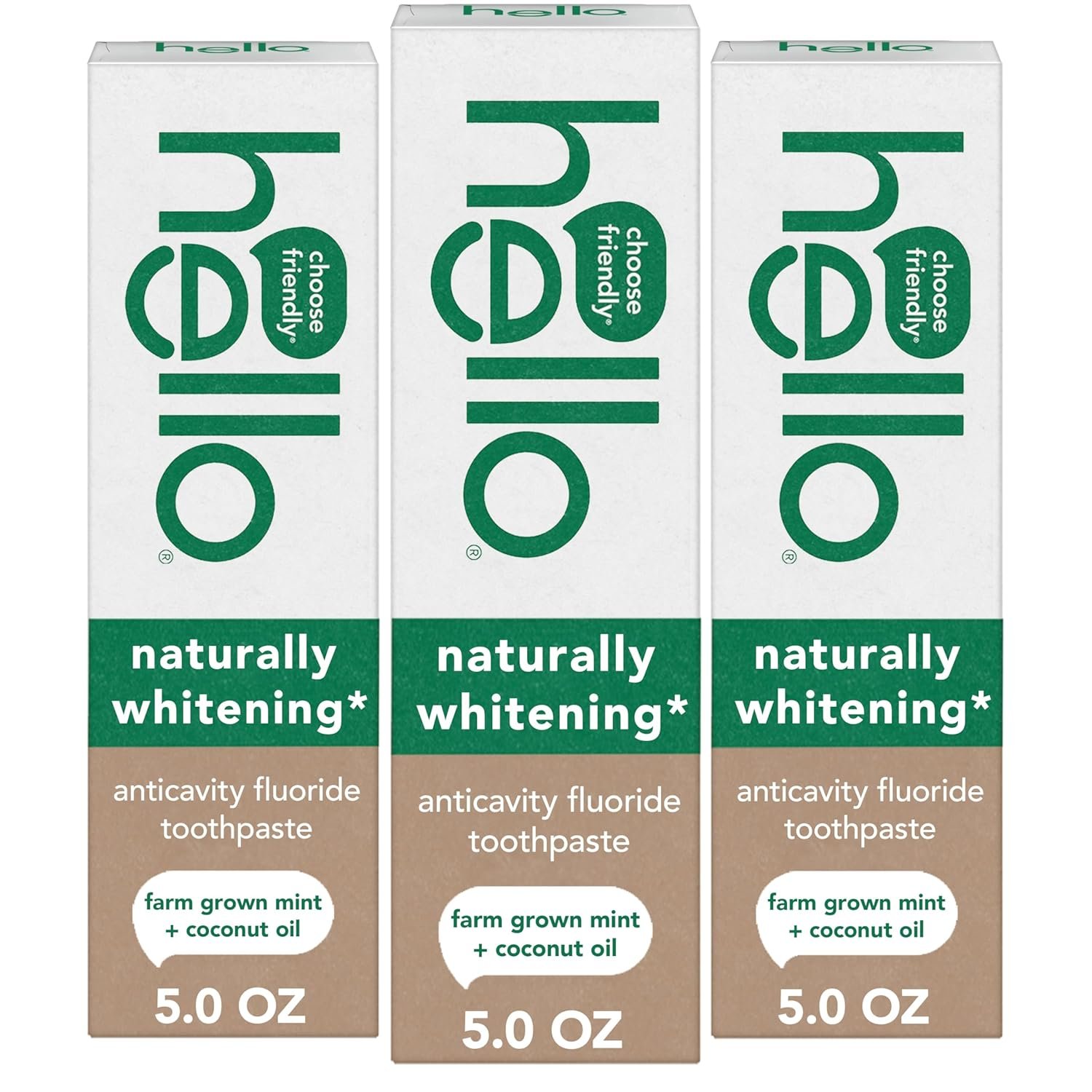 Hello Naturally Whitening Anticavity Fluoride Toothpaste, 5 Oz Tube, Natural Whitening Toothpaste with Coconut Oil, Whitens Naturally and Helps Remove Surface Stains, SLS Free, Vegan, Mint, 3 Pack