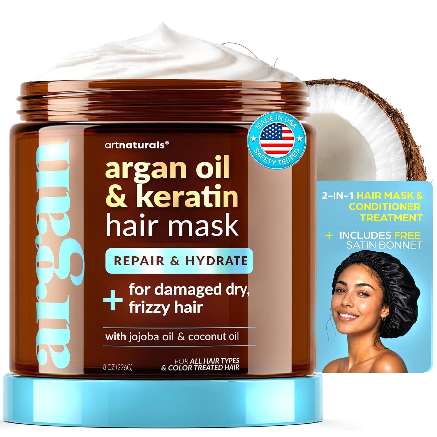 ArtNaturals 2-Step Deep Repair Hair Mask for Damaged Hair – Intensive Treatment for Dry, Damaged & Color-Treated Hair – Argan oil Deep Conditioner w/ Silk Bonnet to Drive Deeper Penetration 8 oz