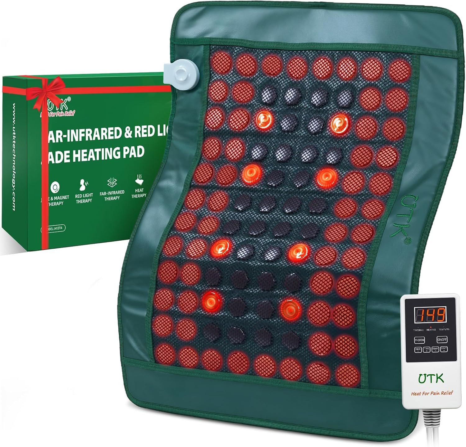 UTK Far Infrared Heating Pad for Back with Red Light Therapy, 8X Pain Relief for Body, Hot Enough, FSA-HSA Eligible, Auto Shut Off, 56 Jades & 32 Magnets Stone, 26 x 20”