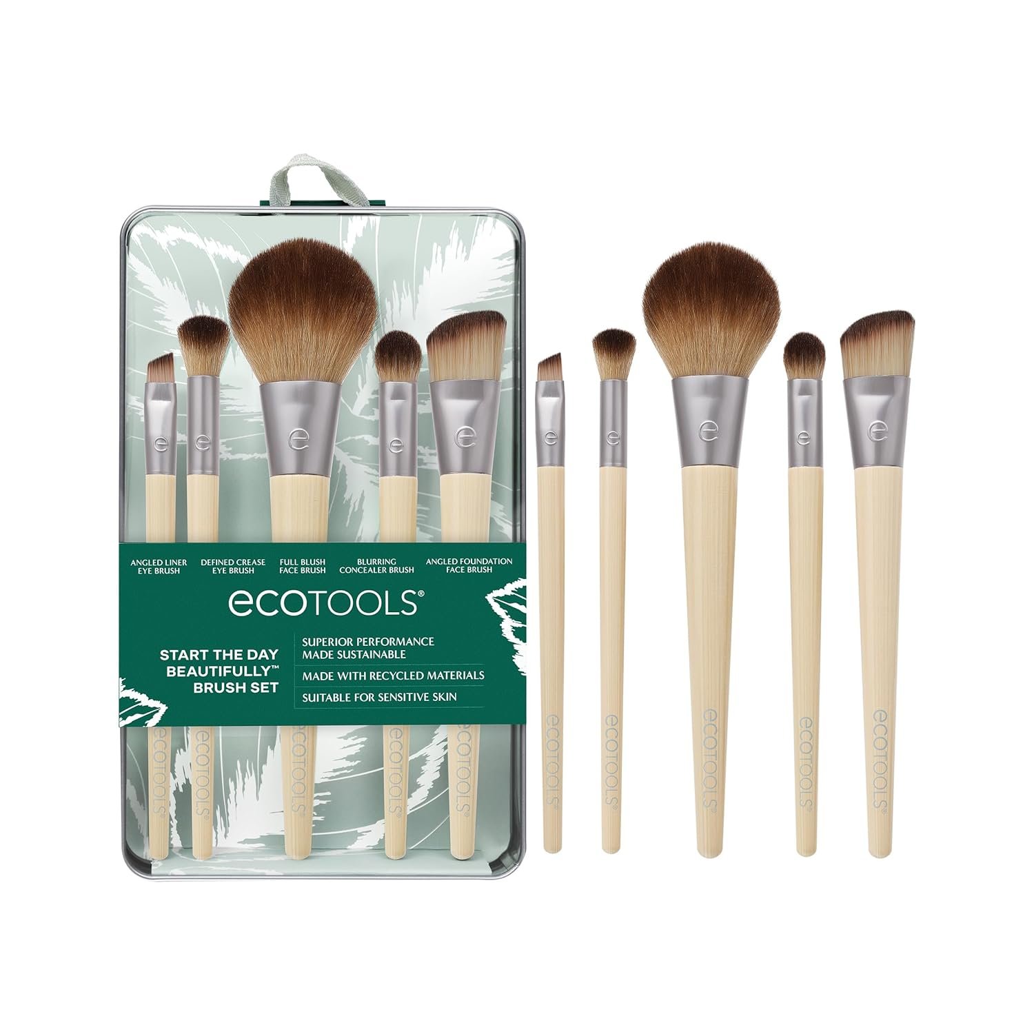EcoTools 6-Piece Start the Day Beautifully Makeup Brush Set, Makeup Brushes For Eyeshadow, Blush, Concealer, & Foundation Application, Eco-Friendly, Gift Set, Synthetic Hair, Vegan & Cruelty-Free