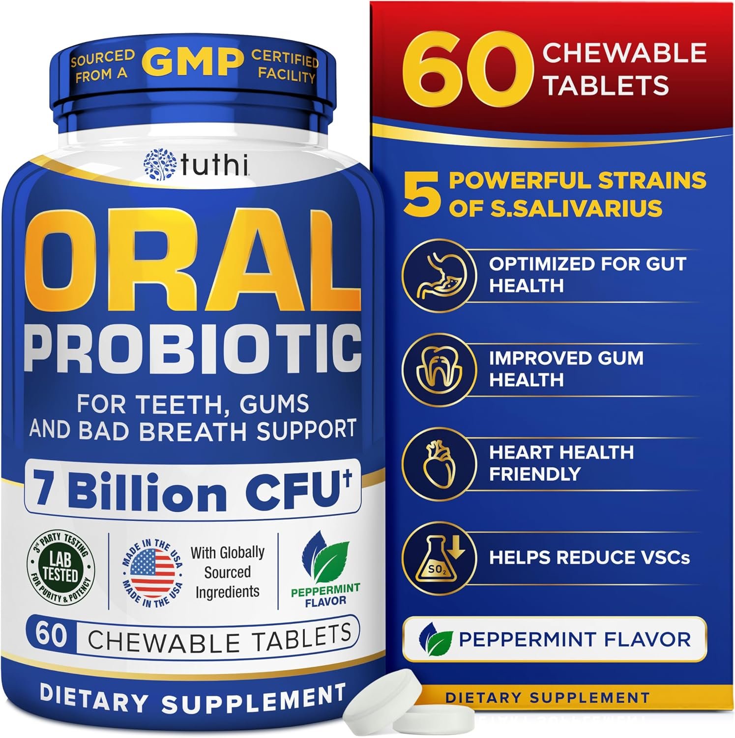 Tuthi Oral Probiotics for Mouth Bad Breath Treatment for Adults – Dental Probiotics for Teeth and Gums – Oral Health Probiotics – 60 Lozenges Peppermint Flavor