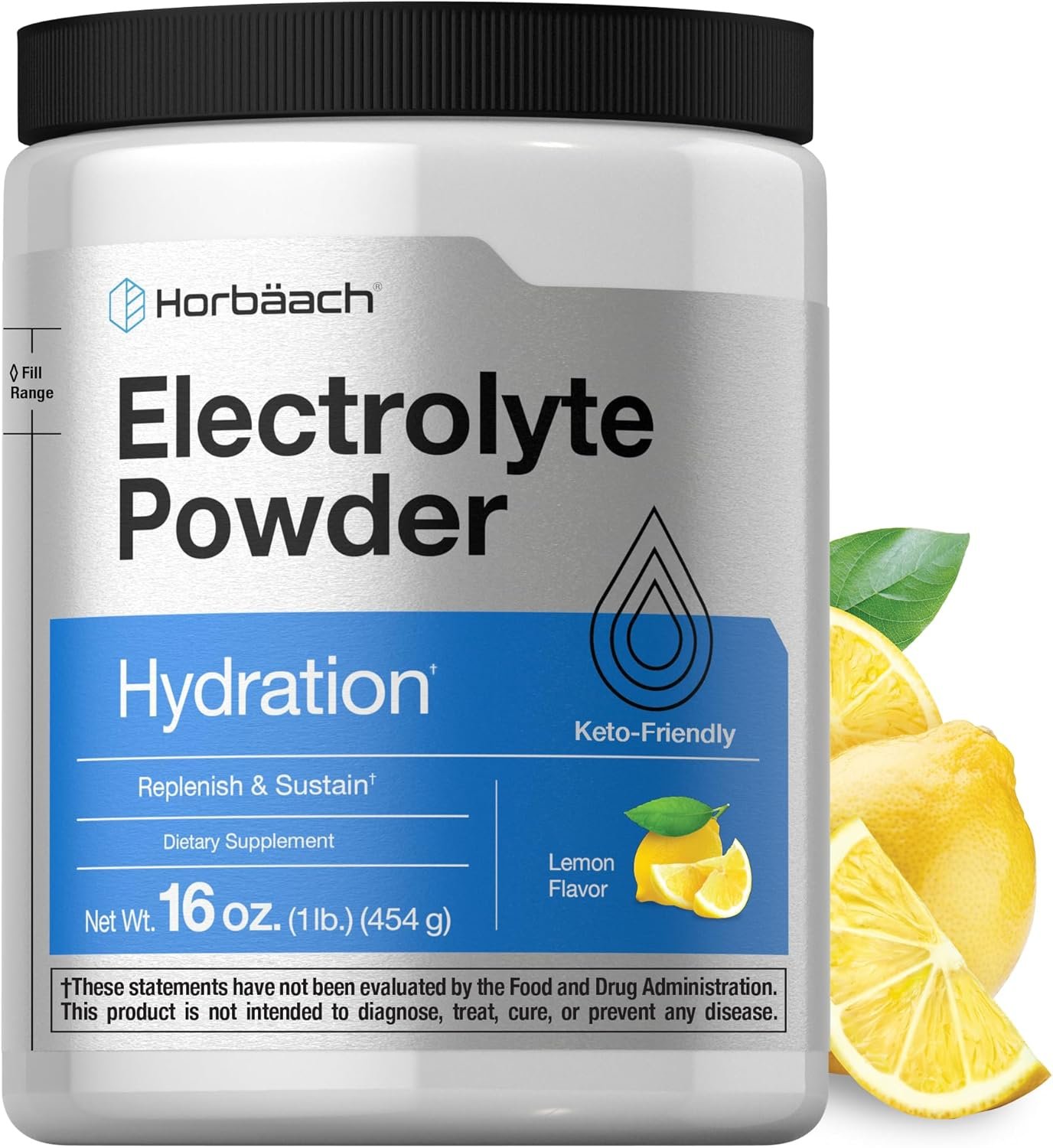 Horbäach Electrolytes Powder | 16 oz | 130 Servings | Hydration Support | Keto-Friendly | Lemon Flavor | Vegetarian, Non-GMO, Gluten Free