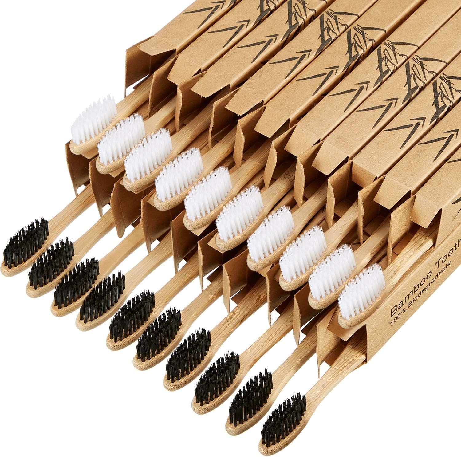 Boao 20 Pcs Bamboo Toothbrushes Bulk Biodegradable Charcoal Toothbrushes Pack Soft Bristle Natural Wooden Individually Wrapped for Adults Reusable Travel