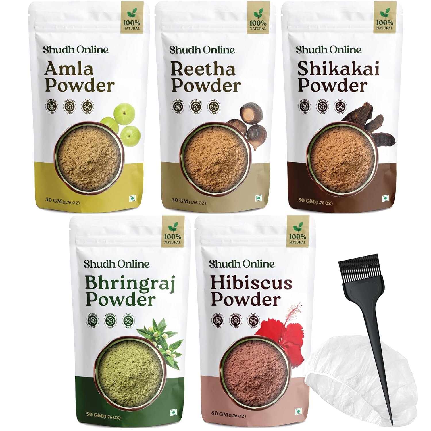 Herbal Hair Mask Powder Combo, Indian Ayurvedic Herbal Powder for Hair Growth (8.8oz, 250g), Bhringraj, Hibiscus, Shikakai, Reetha, Amla Shampoo (1.76oz each)